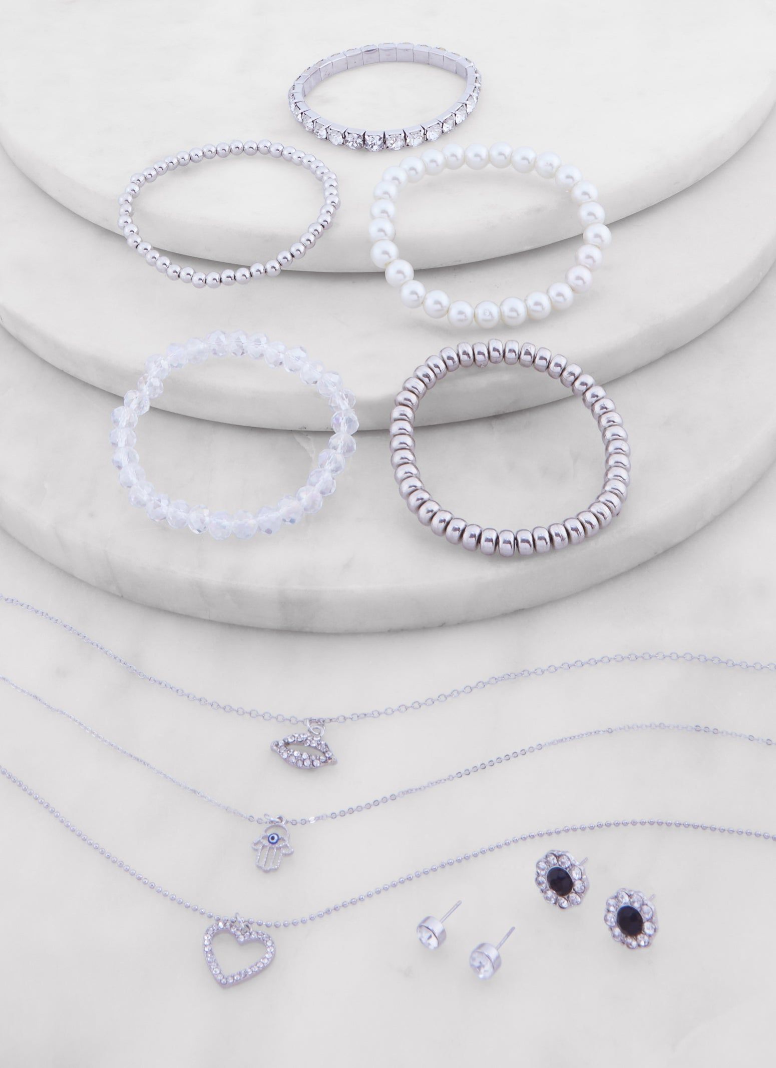 Heart Layered Necklace with Beaded Bracelets and Stud Earrings sold by Rainbow