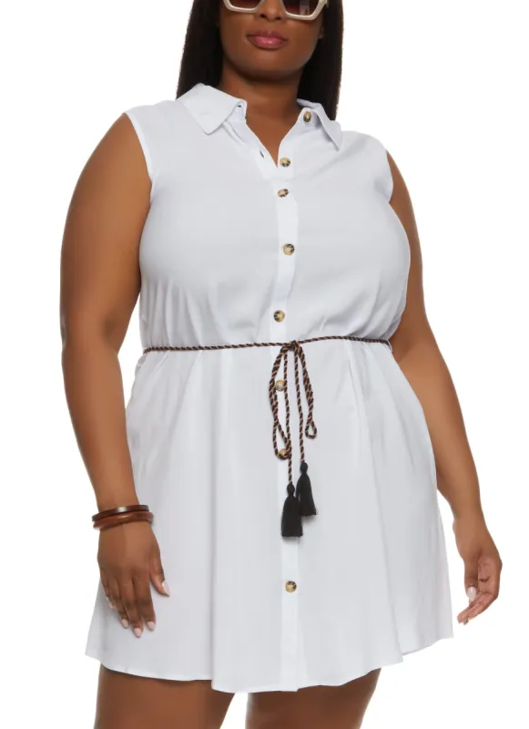 Plus Size Sleeveless Tie Waist Shirt Dress sold by Rainbow