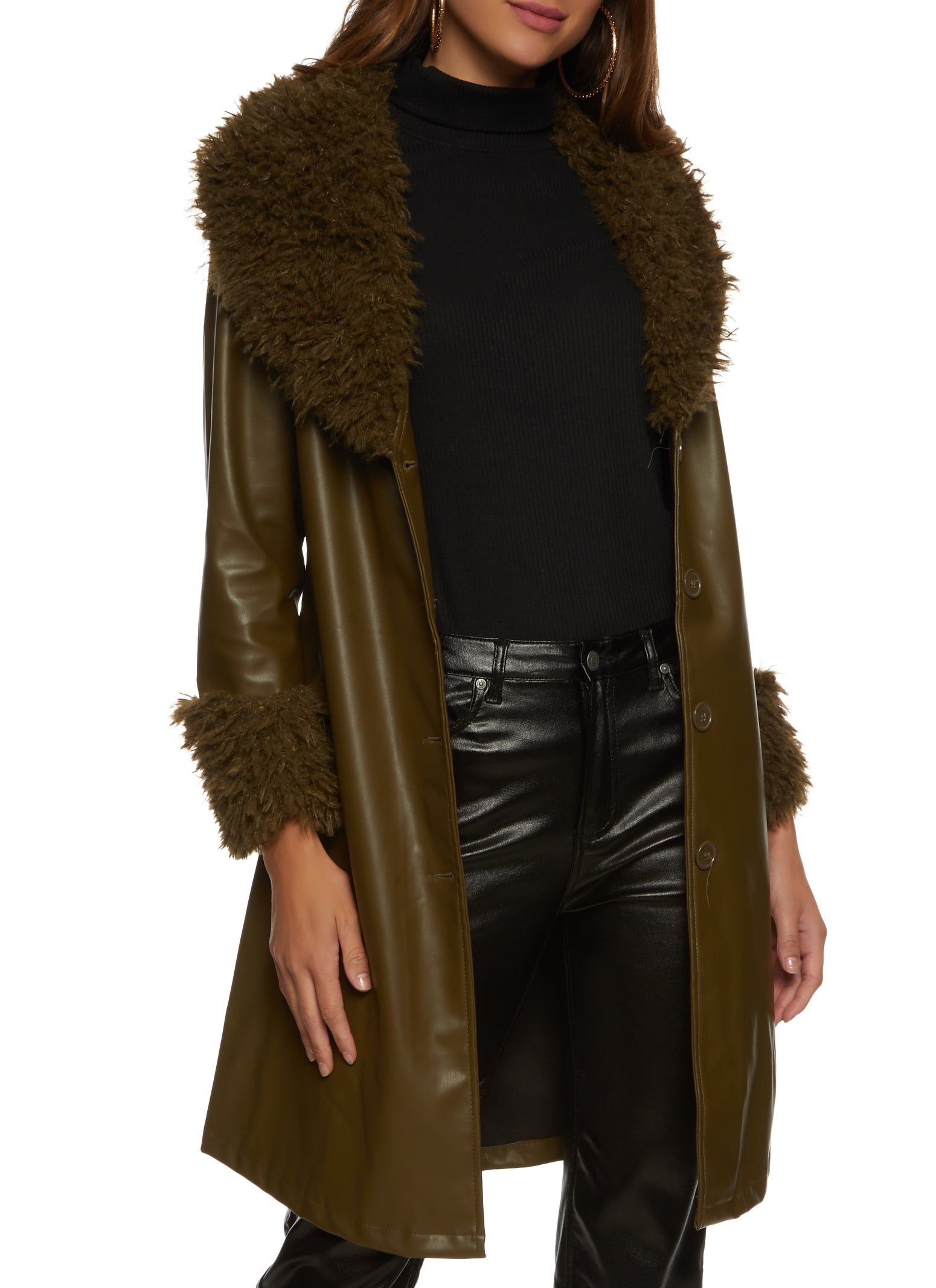 Faux Fur Trim Belted Trench Coat sold by Rainbow