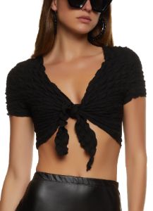Bubble Knit Tie Front Crop Top sold by Rainbow