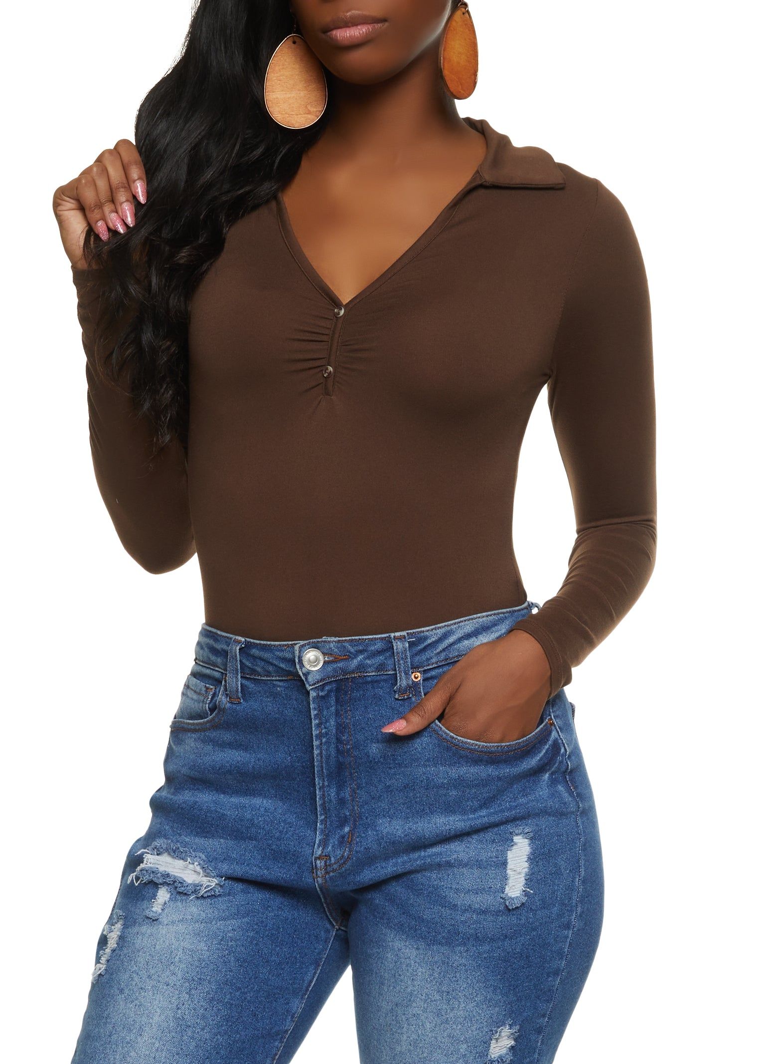 Faux Button Ruched Front Collar Bodysuit sold by Rainbow product image thumbnail 2