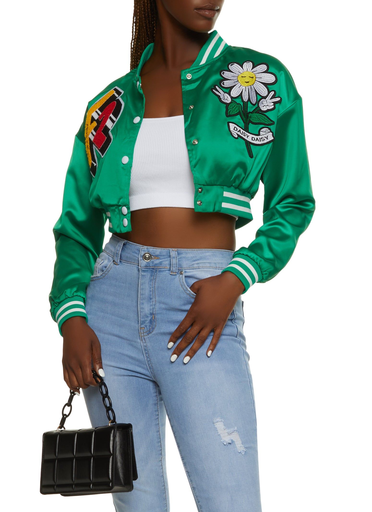 Satin Daisy Patch Cropped Varsity Jacket sold by Rainbow