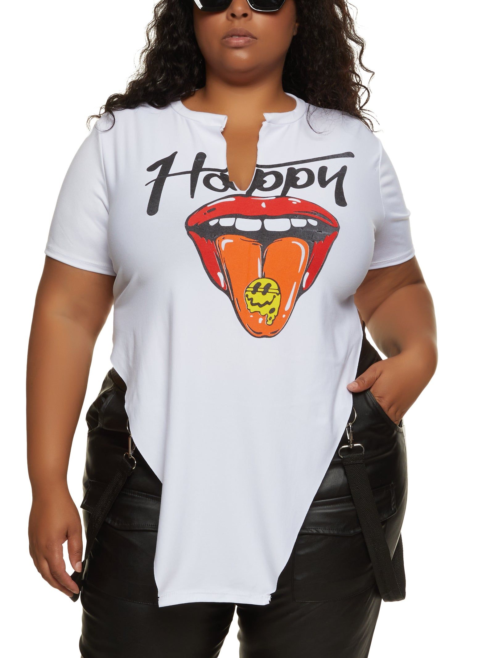 Plus Size Happy Hanky Hem Graphic Tee sold by Rainbow