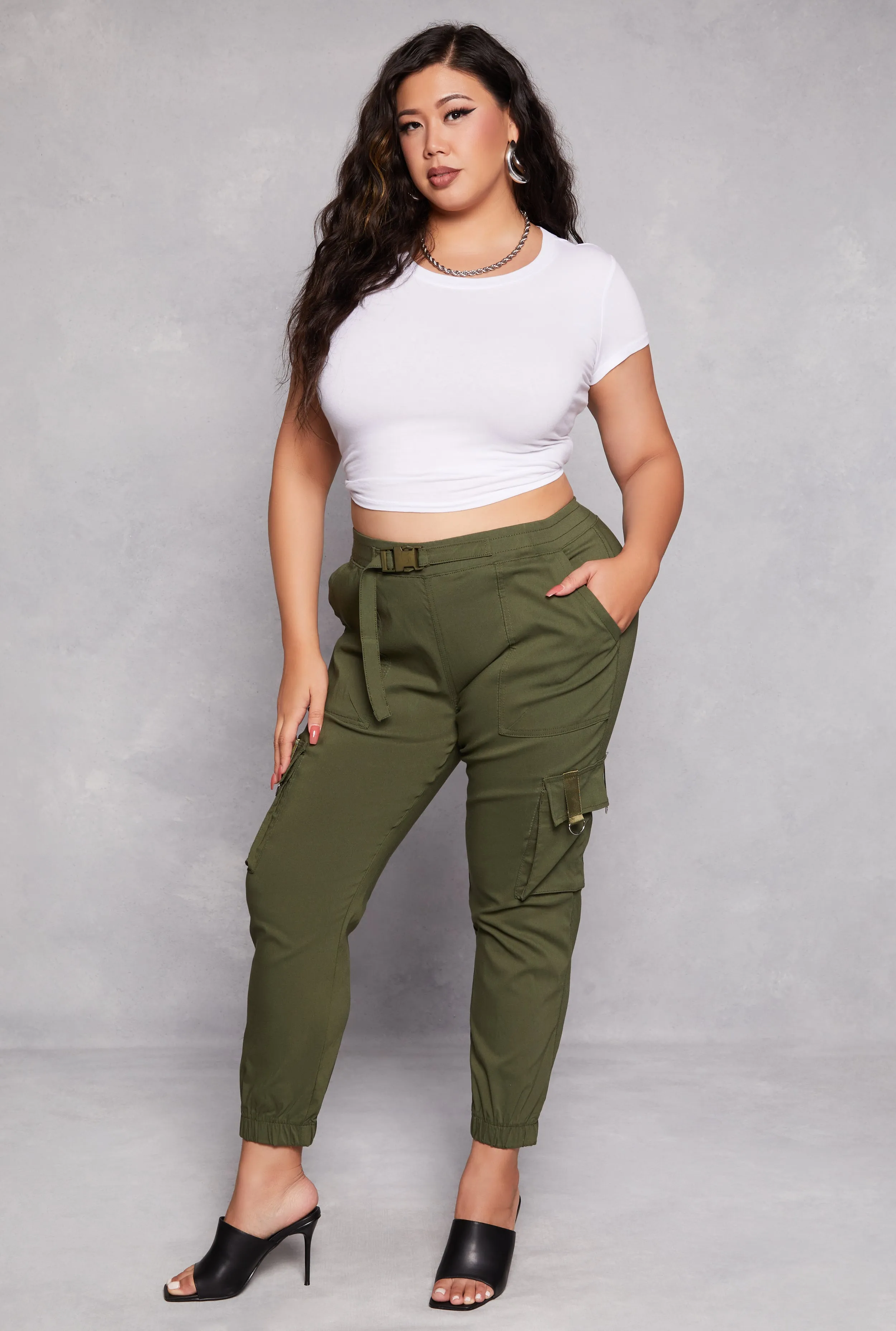 Plus Size Buckle Waist Cargo Joggers sold by Rainbow