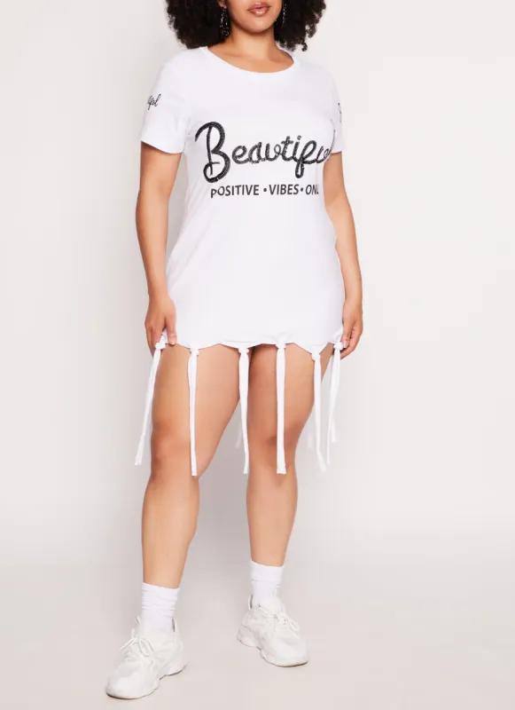 Plus Size Sequin Beautiful Positive Vibes Only Fringe Dress sold by Rainbow
