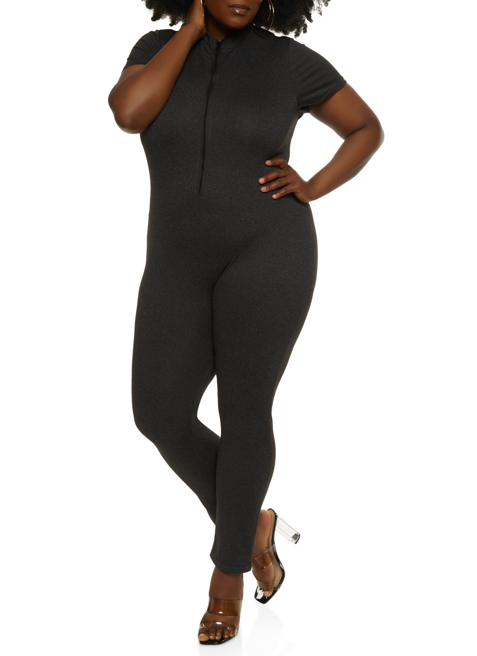 Plus Size Half Zip Mock Neck Short Sleeve Catsuit sold by Rainbow