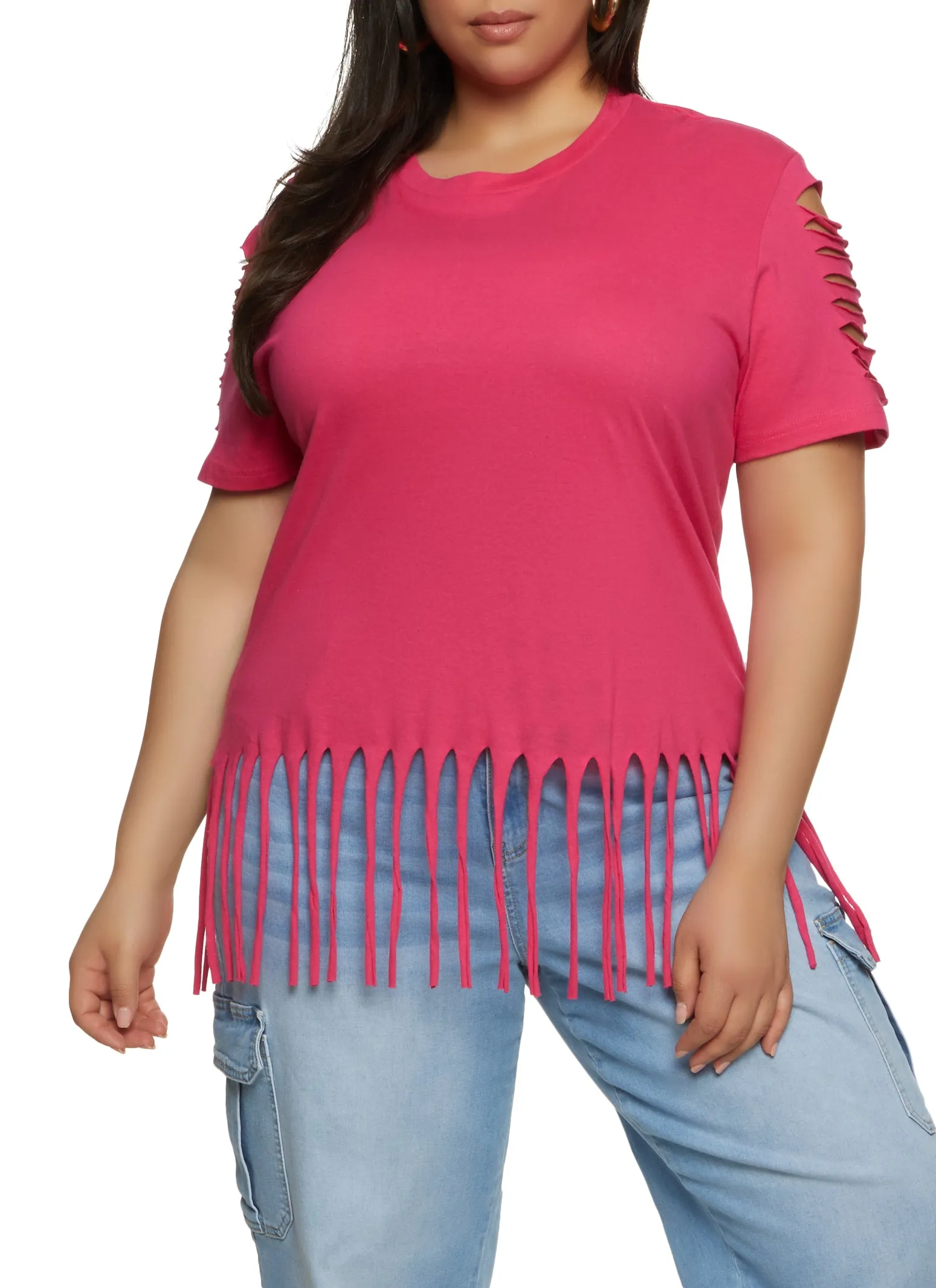 Plus Size Laser Cut Fringe Hem Tee sold by Rainbow