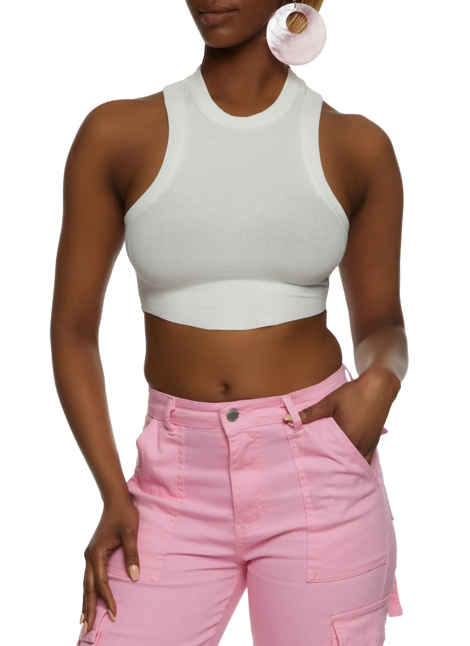 Rib Knit Cropped Racerback Tank Top sold by Rainbow