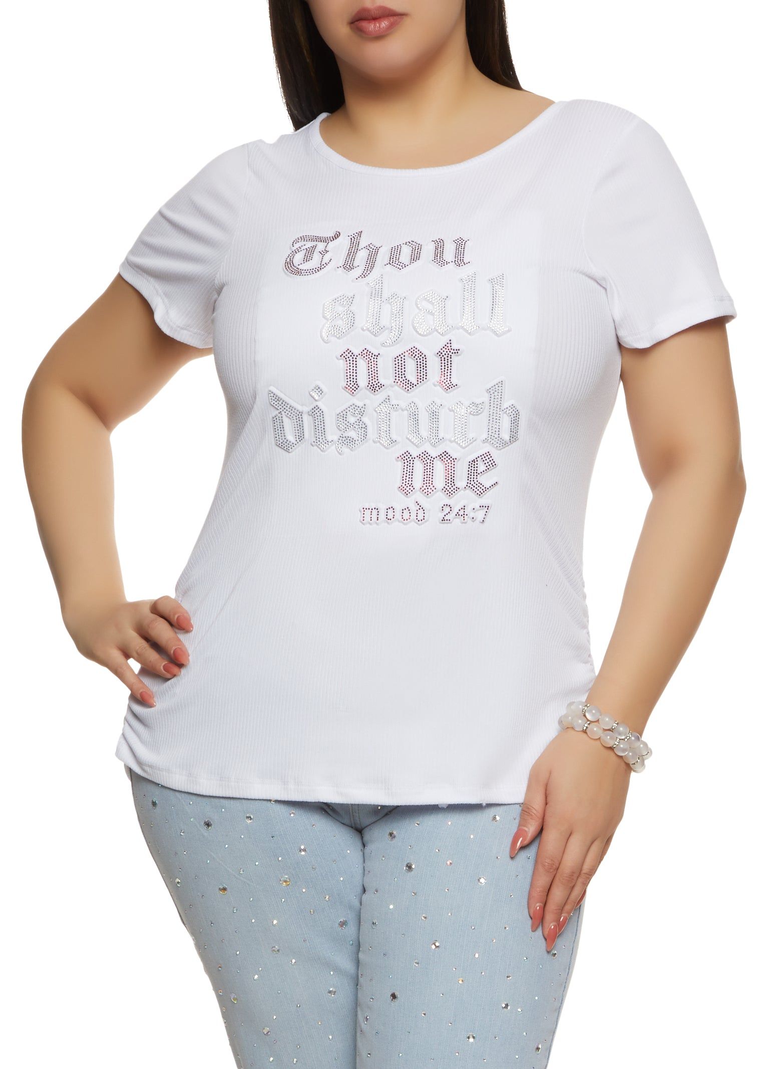 Plus Size Thou Shall Not Disturb Me Rhinestone Embossed Tee sold by Rainbow