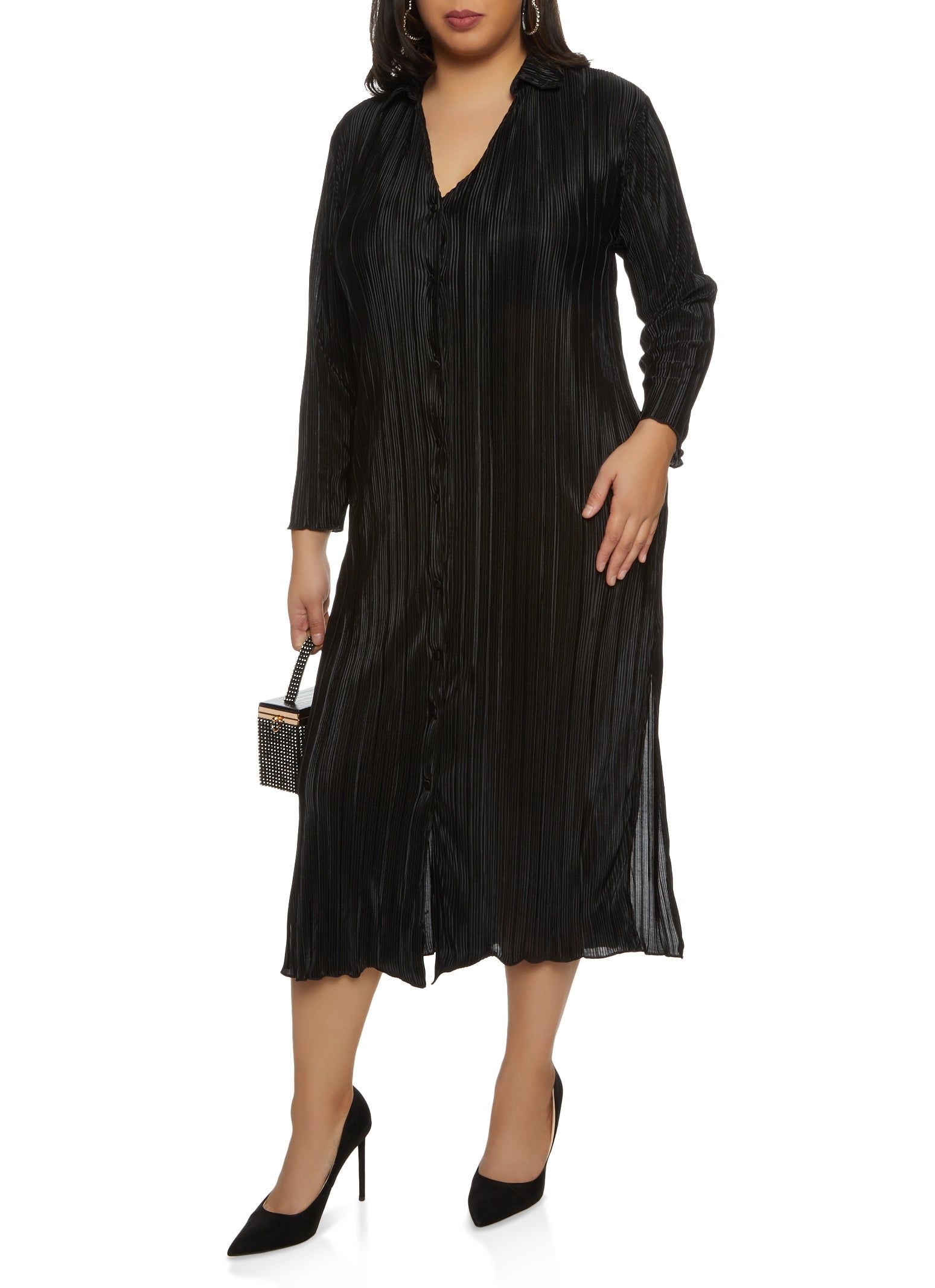 Plus Size Plisse Button Front Maxi Shirt Dress sold by Rainbow