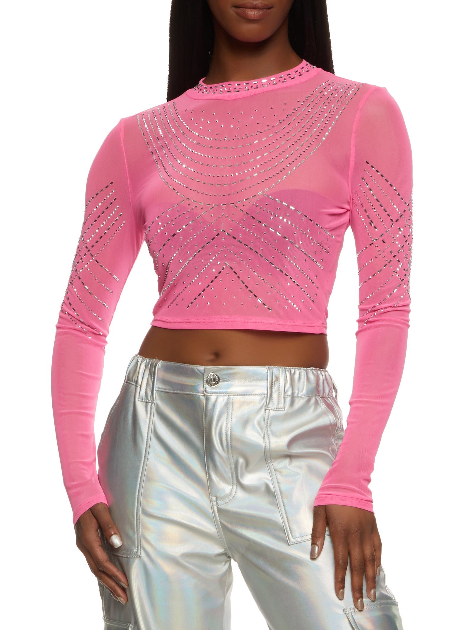 Sheer Mesh Rhinestone Crop Top sold by Rainbow