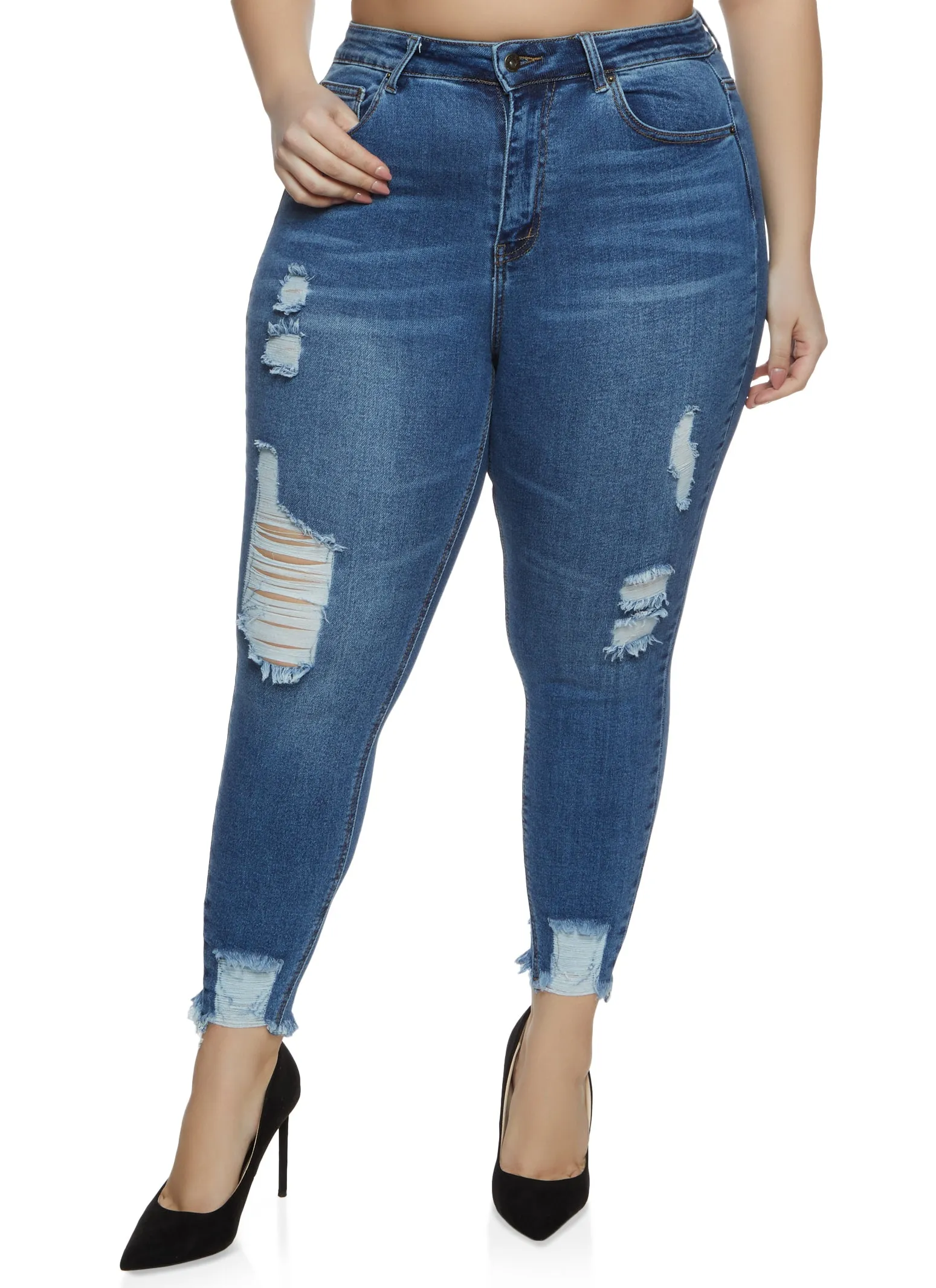Plus Size WAX Frayed Hem Distressed Skinny Jeans sold by Rainbow