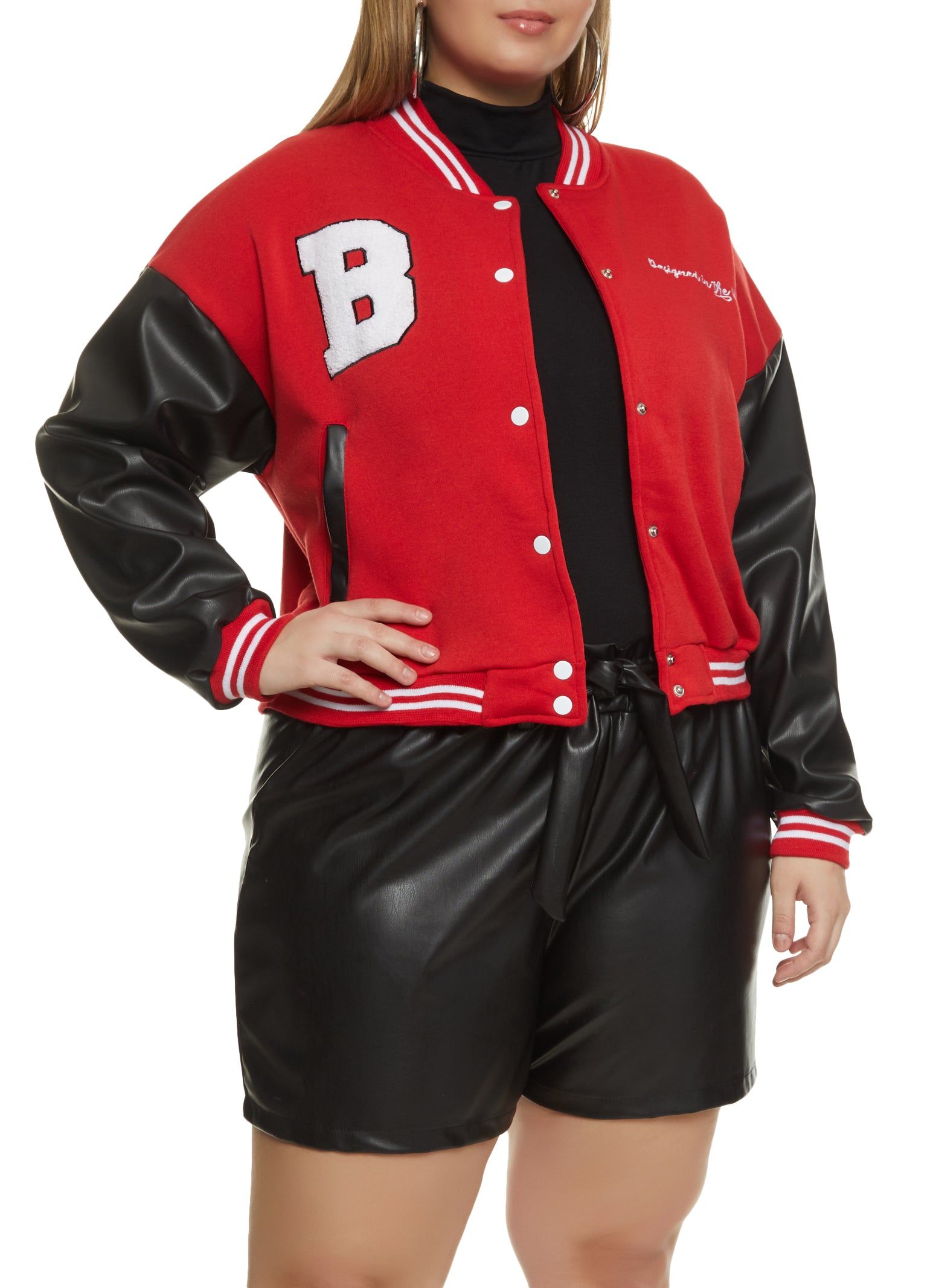 Plus Size B Initial Chenille Patch Varsity Jacket sold by Rainbow