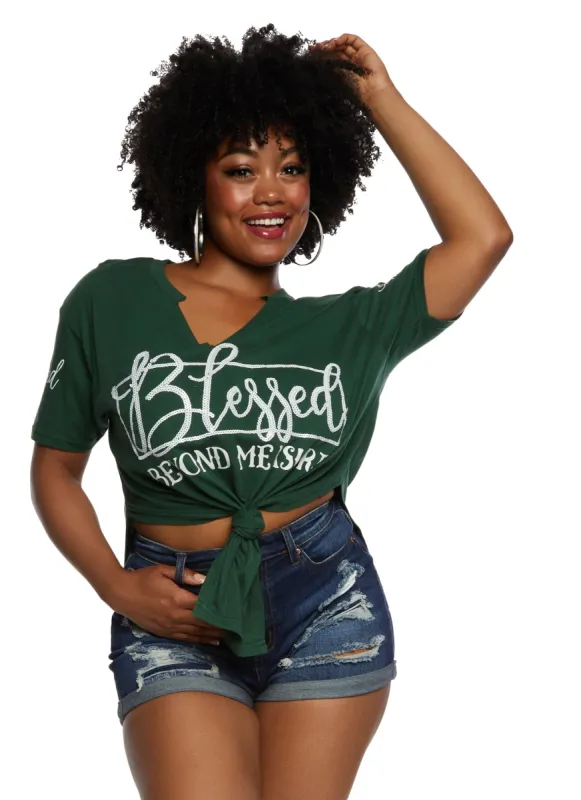 Plus Size Sequin Blessed Beyond Measure Graphic Top sold by Rainbow