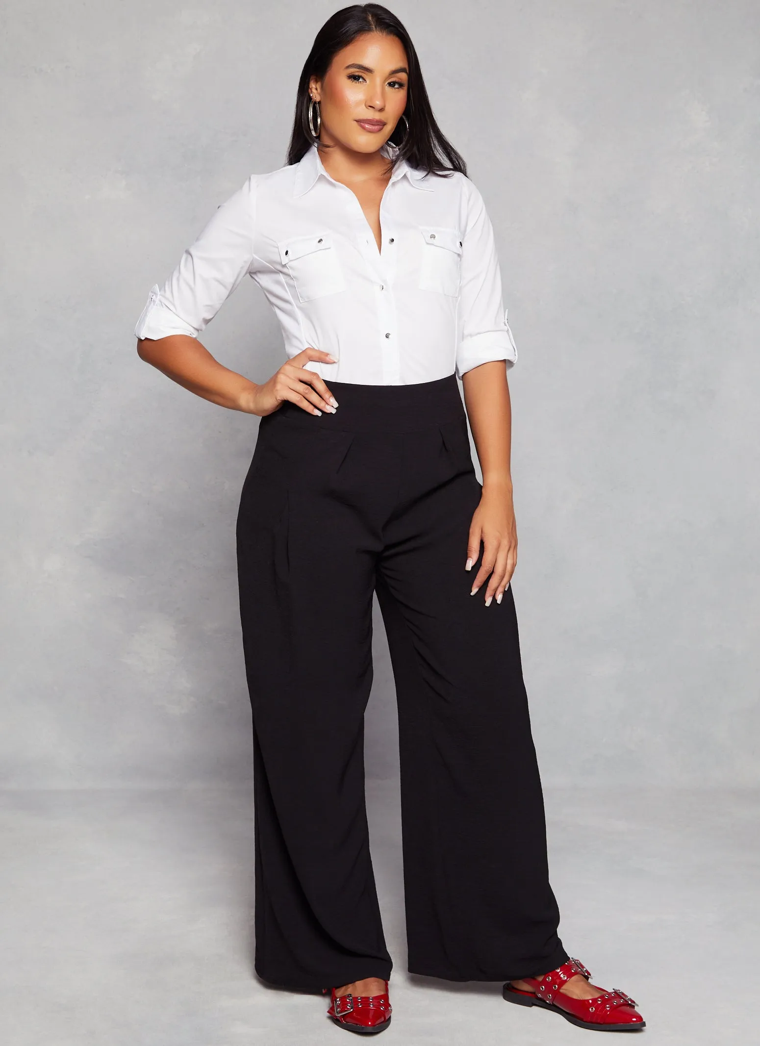 Poplin Tabbed Sleeve Metallic Button Front Shirt sold by Rainbow product image thumbnail 2