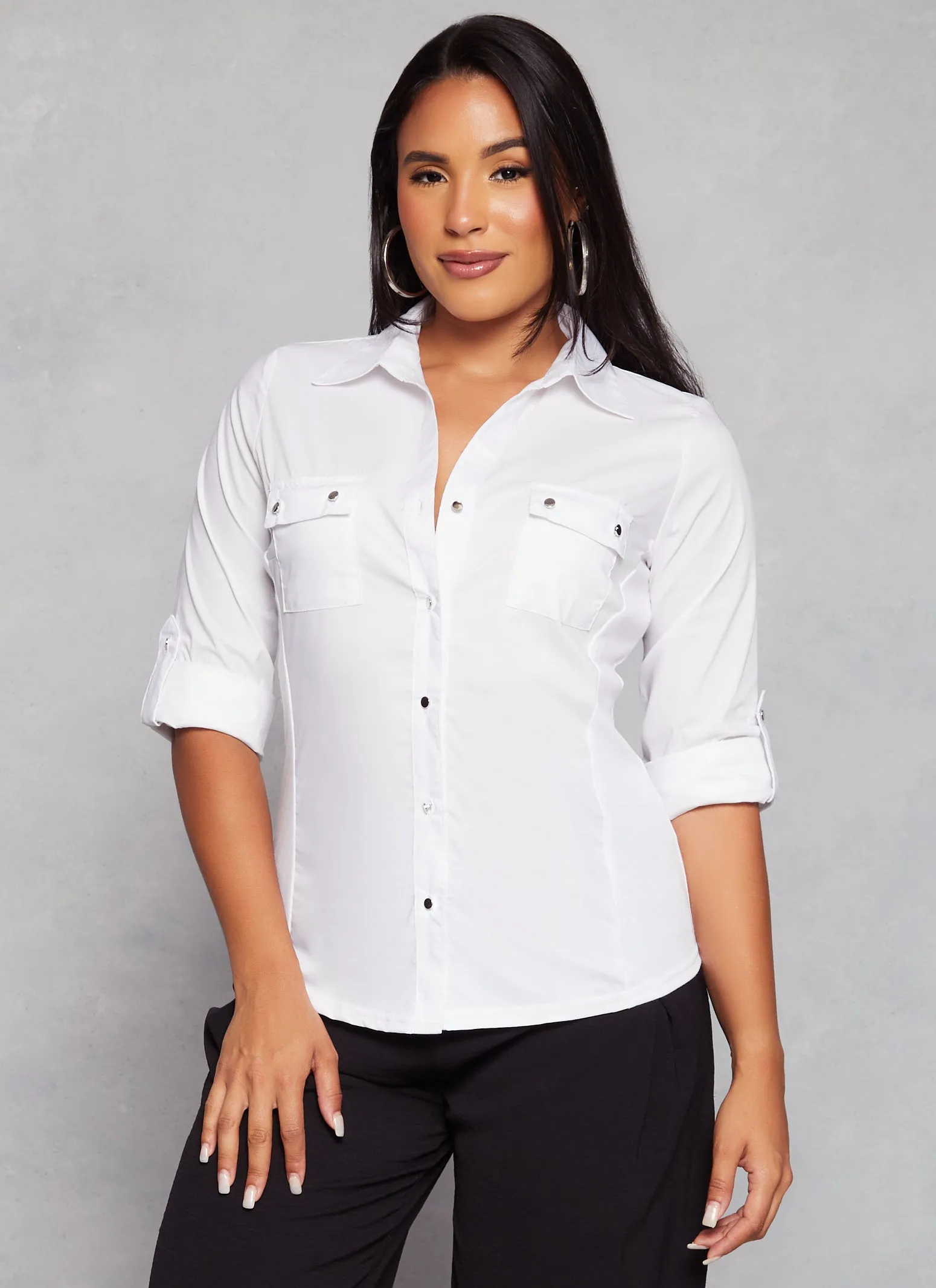 Poplin Tabbed Sleeve Metallic Button Front Shirt sold by Rainbow