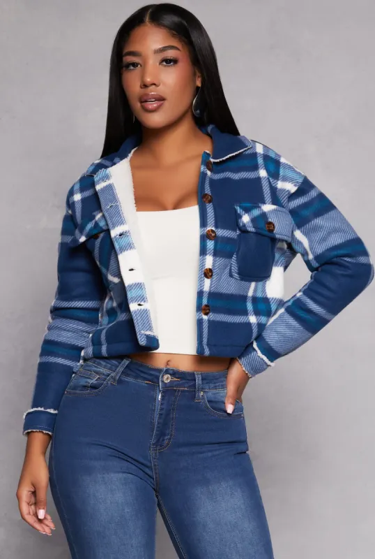 Plaid Sherpa Lined Cropped Button Front Shacket sold by Rainbow