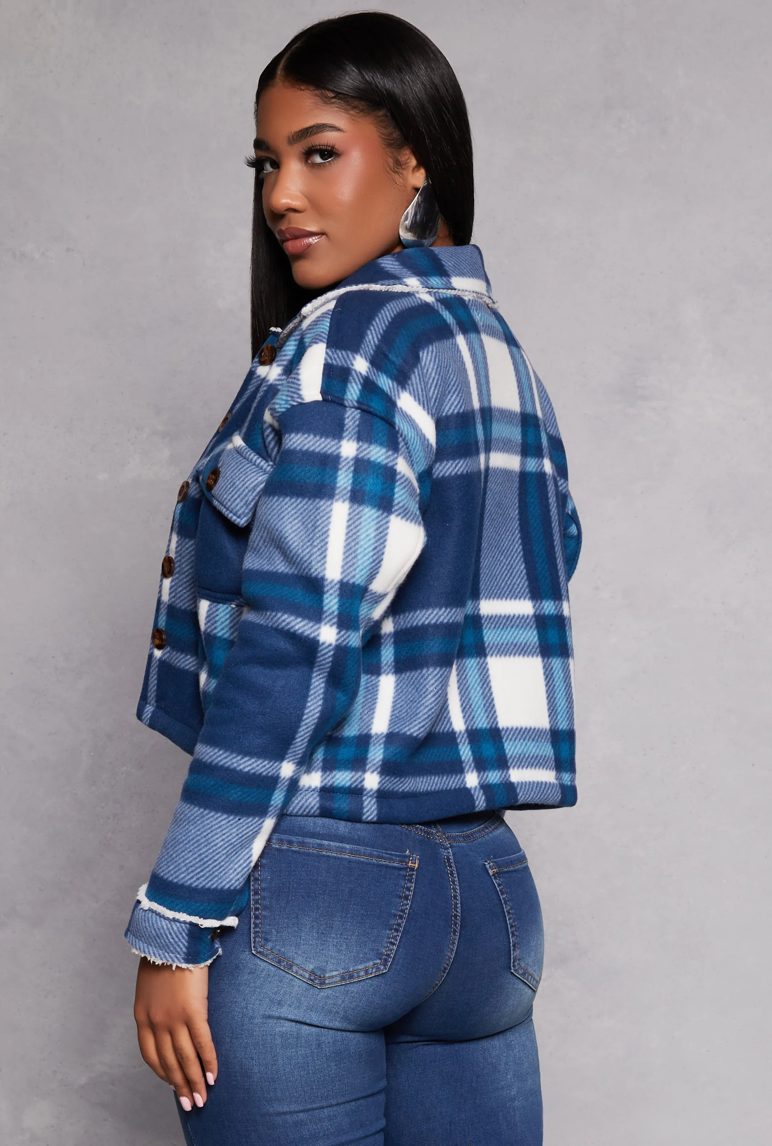 Plaid Sherpa Lined Cropped Button Front Shacket sold by Rainbow product image thumbnail 3