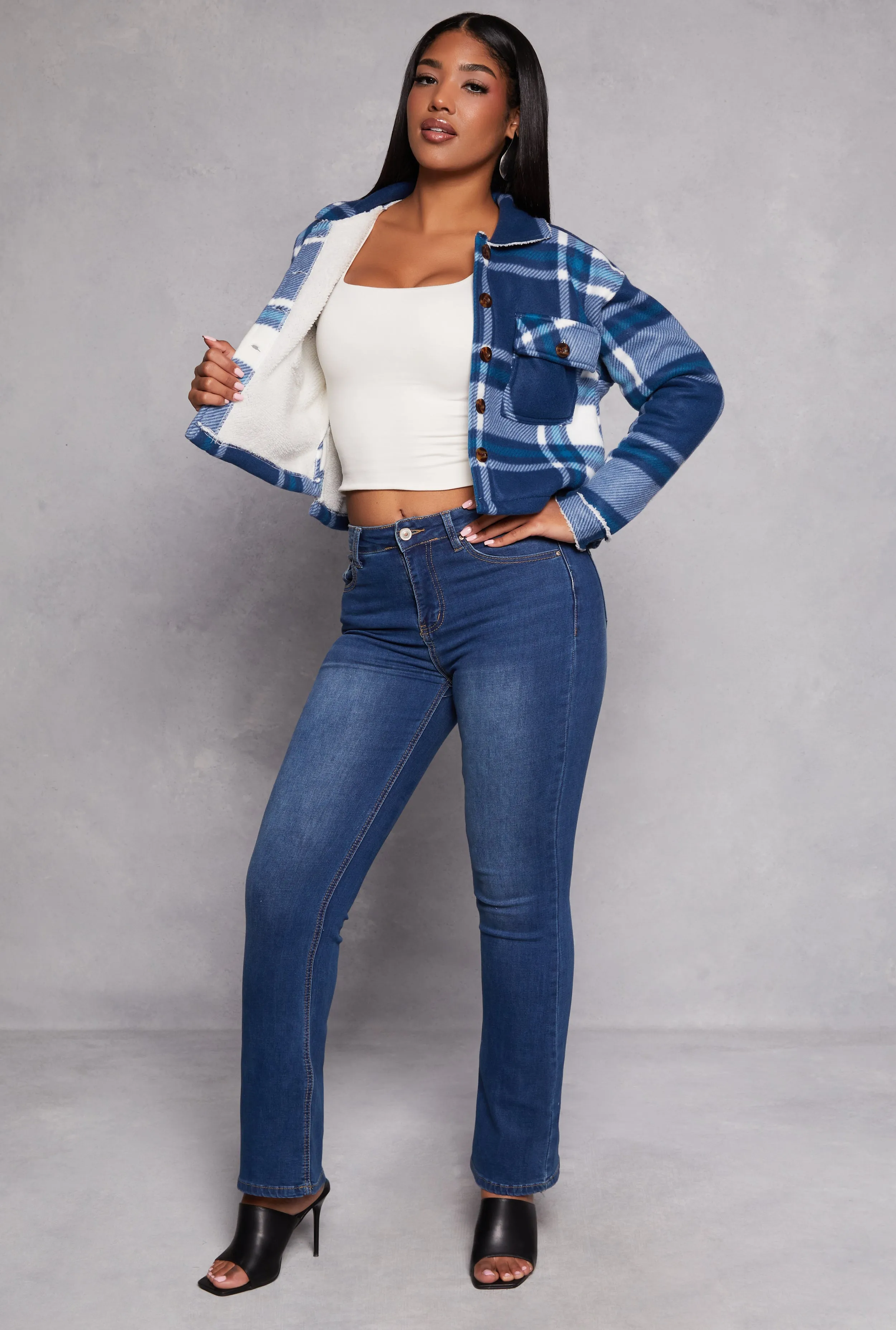 Plaid Sherpa Lined Cropped Button Front Shacket sold by Rainbow product image thumbnail 2