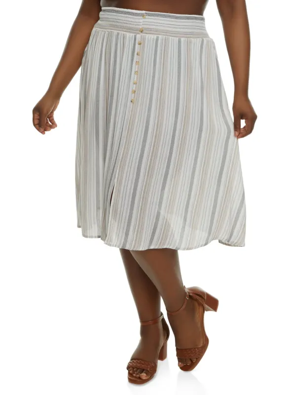Plus Size Striped Faux Button Midi Skirt made by Rainbow