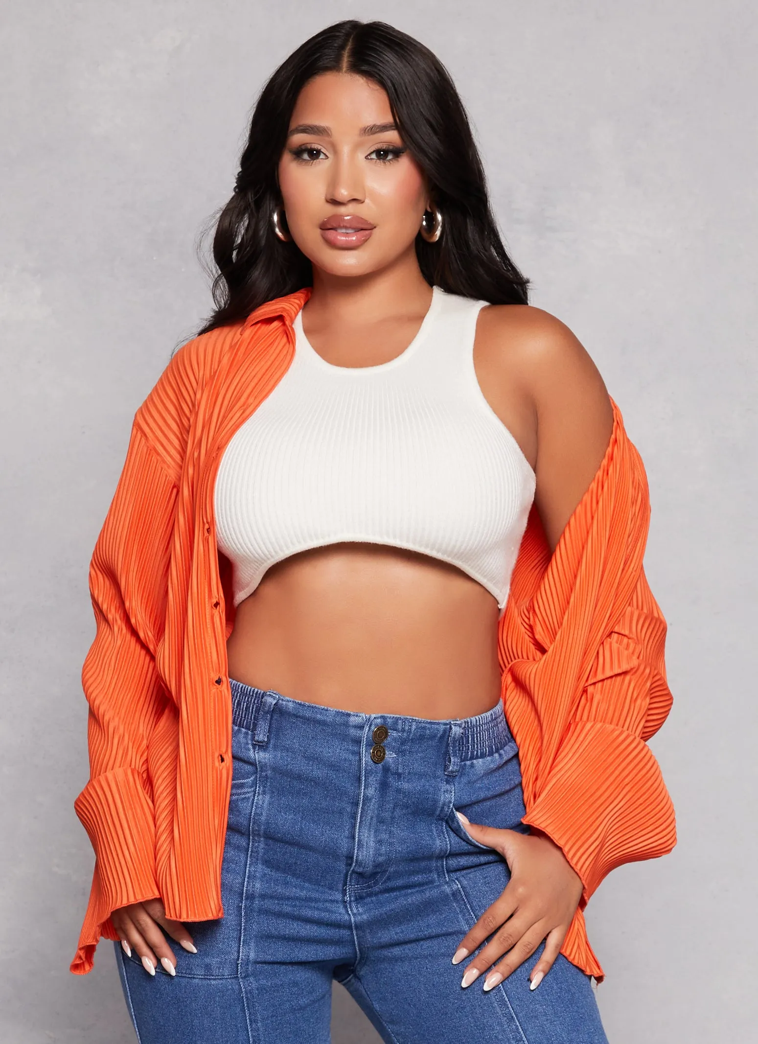 Plisse Button Front Bell Sleeve Shirt sold by Rainbow