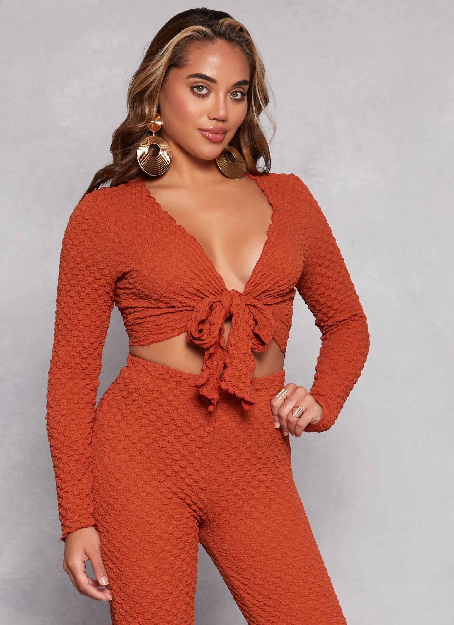 Textured Knit Long Sleeve Tie Front Crop Top sold by Rainbow