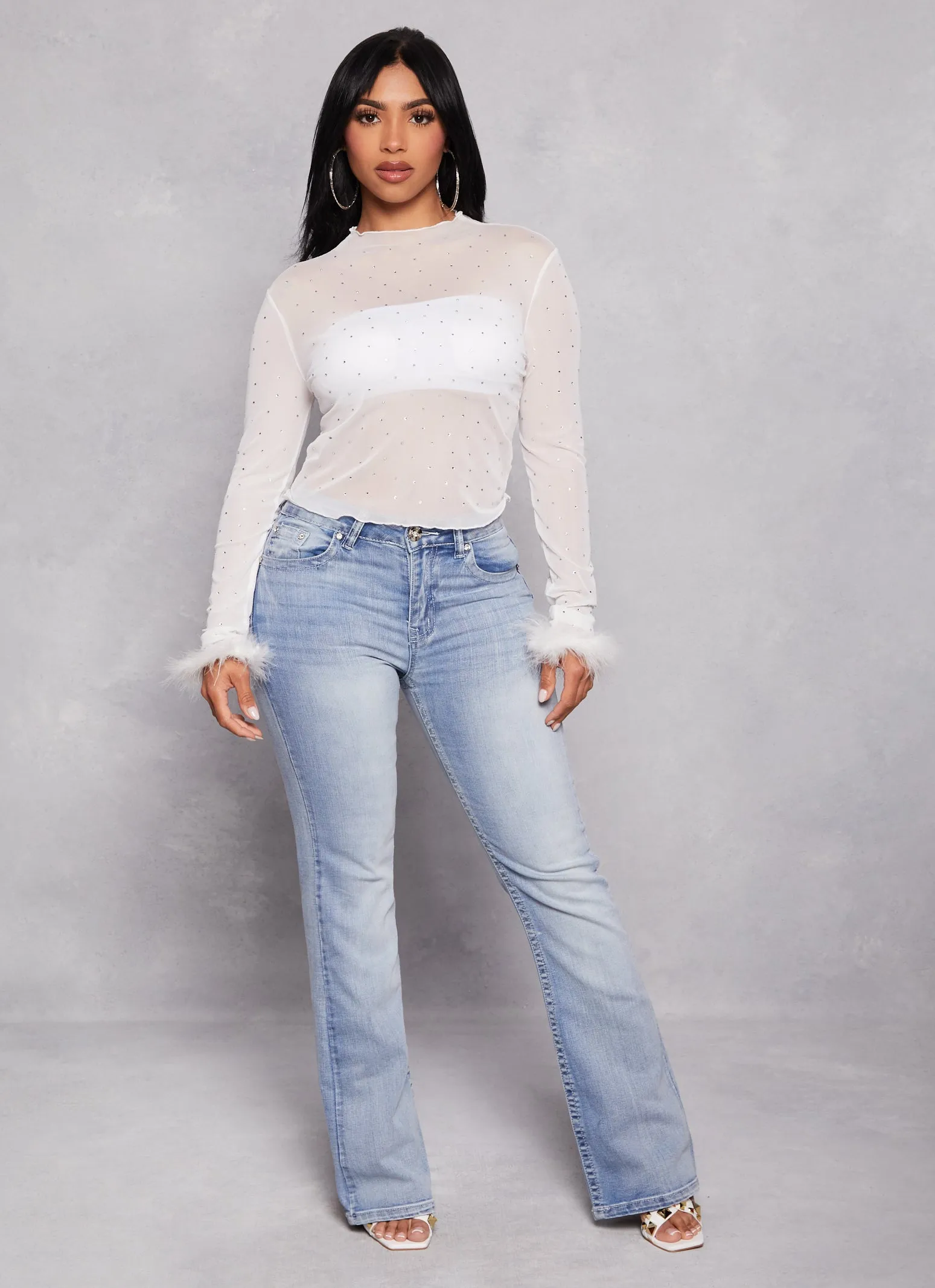 Feather Long Sleeve Rhinestone Mesh Crop Top sold by Rainbow product image thumbnail 2