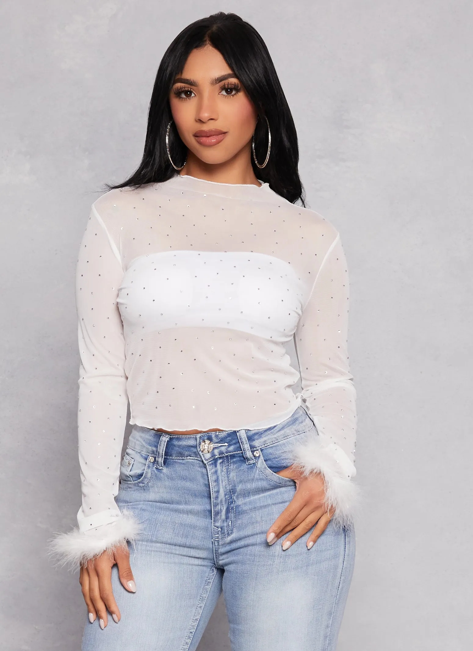 Feather Long Sleeve Rhinestone Mesh Crop Top sold by Rainbow
