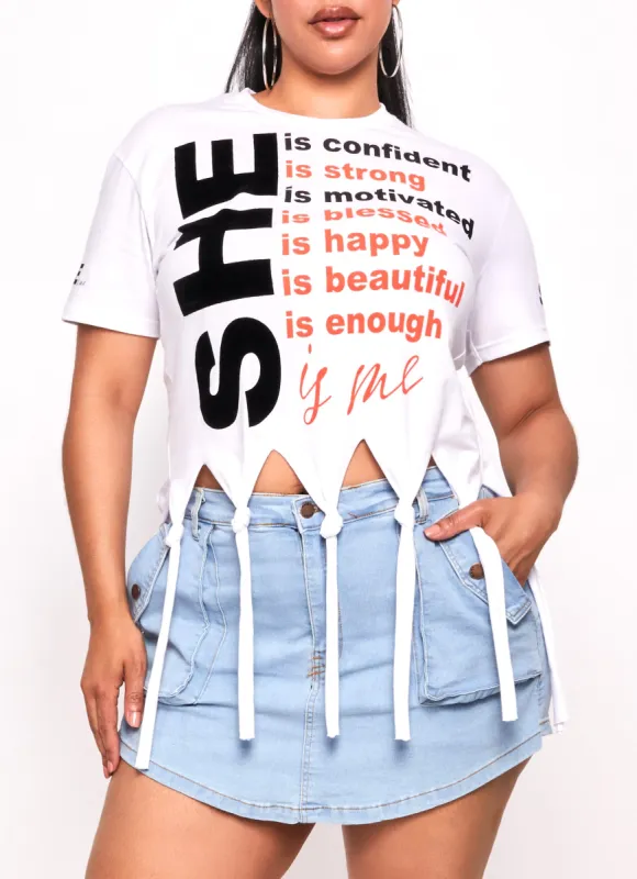 Plus Size She Is Knotted Fringe Graphic Top sold by Rainbow