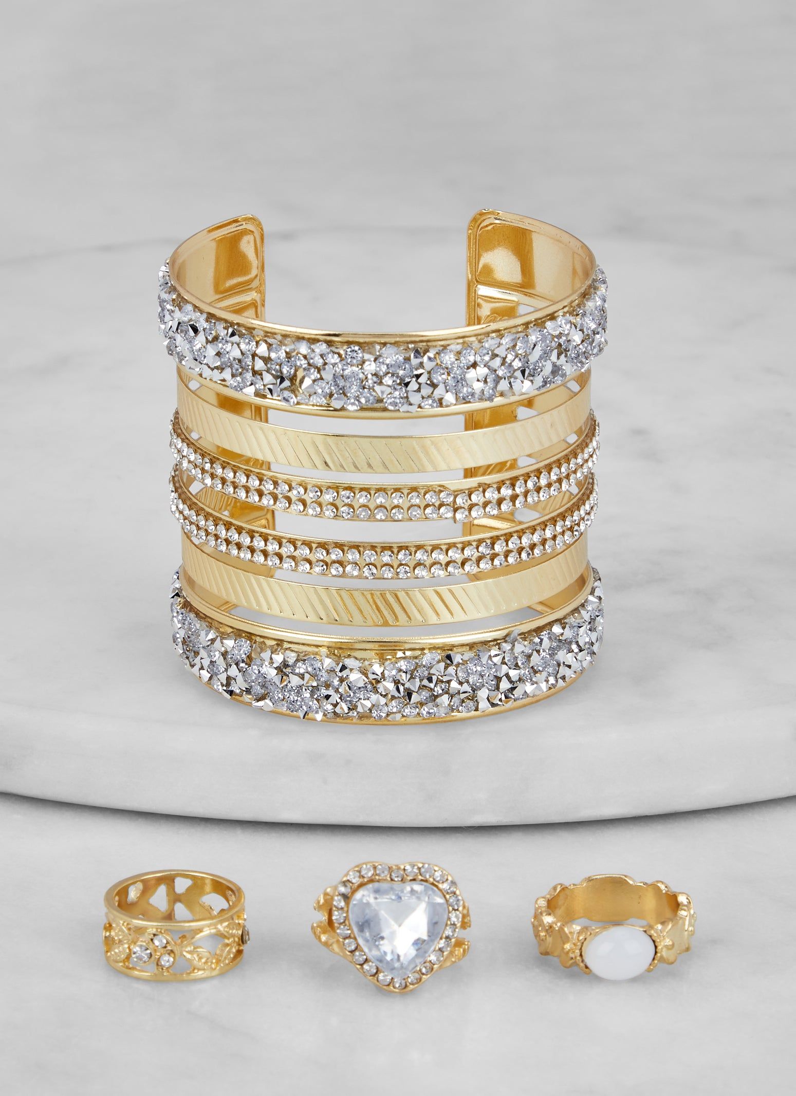 Rhinestone Cuff Bracelet and Ring Trio sold by Rainbow