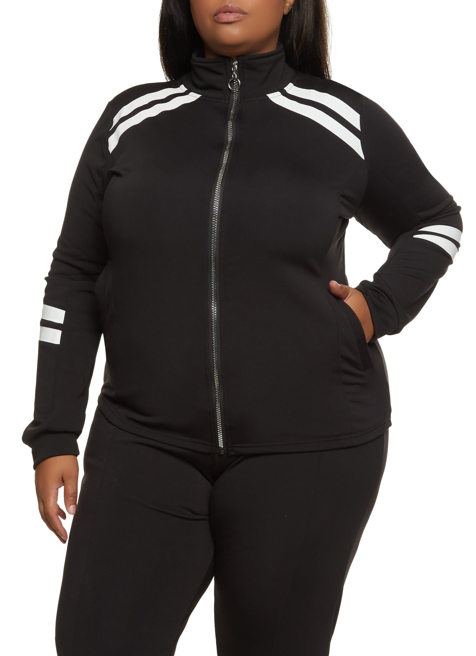 Plus Size Varsity Stripe Detail Track Jacket sold by Rainbow