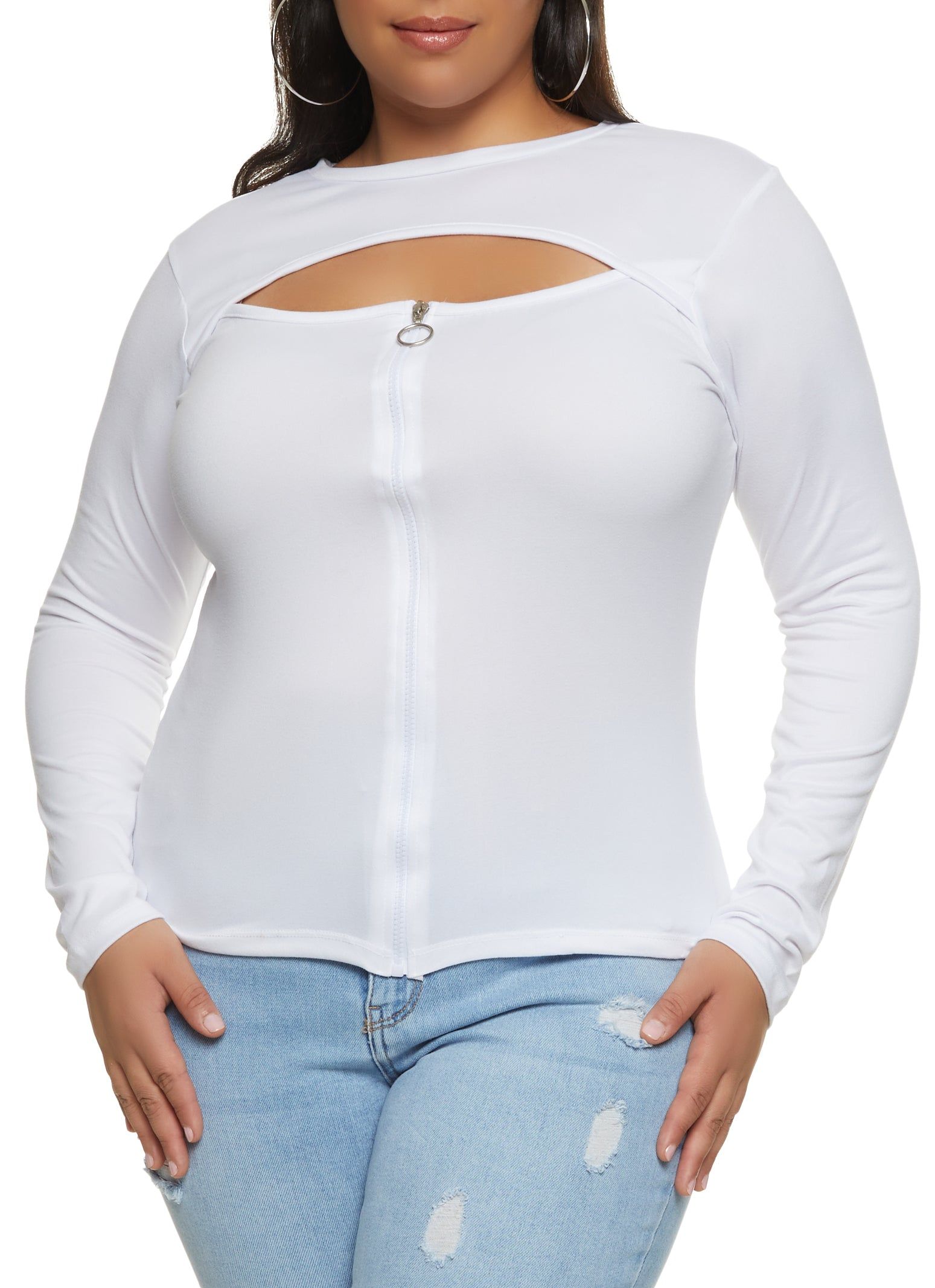 Plus Size Long Sleeve Keyhole Zip Front Top sold by Rainbow