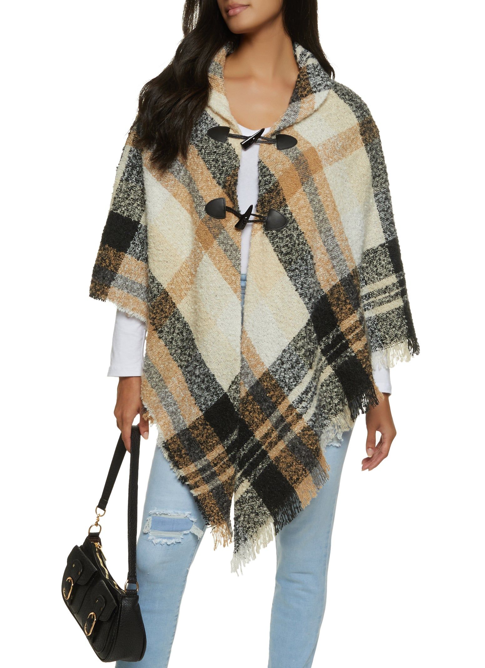 Plaid Horn Button Detail Poncho sold by Rainbow product image thumbnail 5