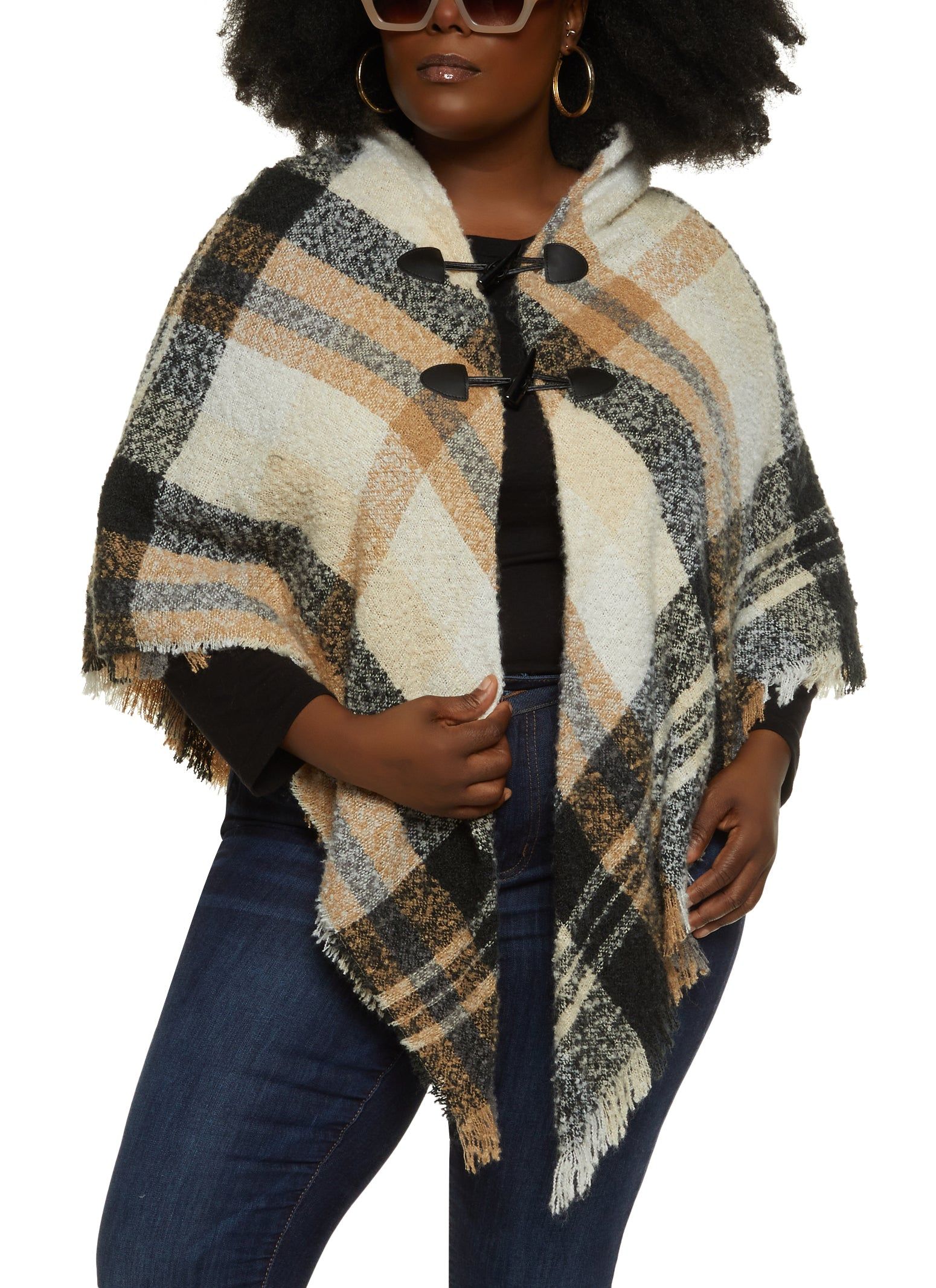 Plaid Horn Button Detail Poncho sold by Rainbow product image thumbnail 2