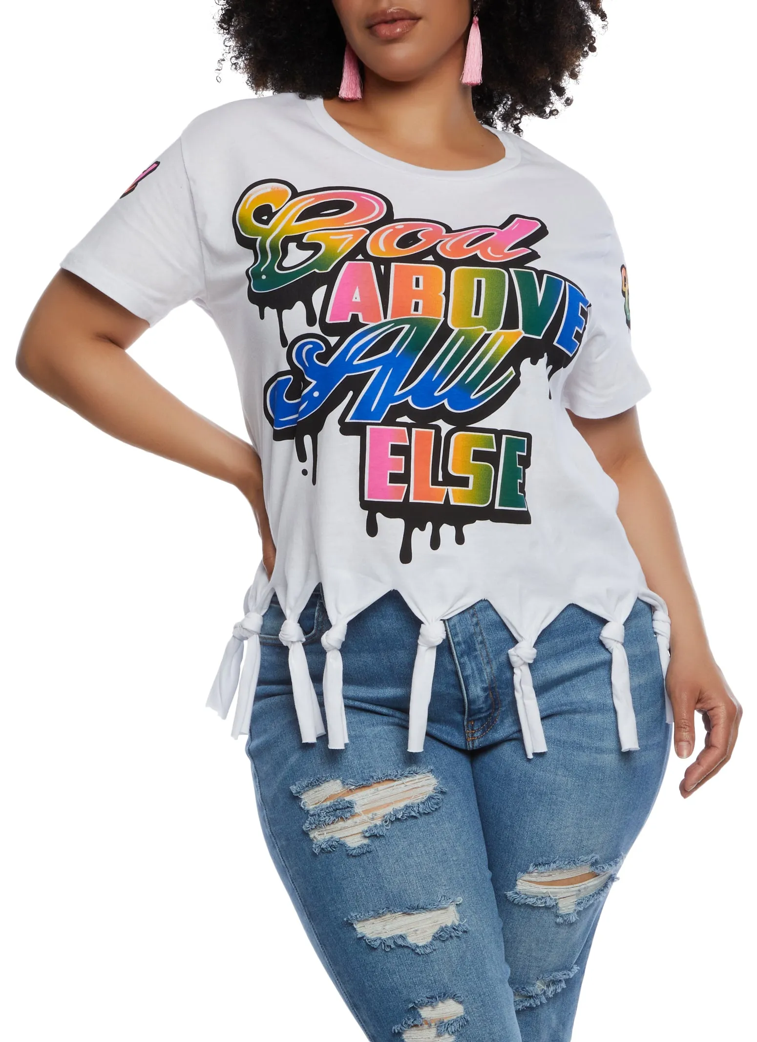 Plus Size God Above All Else Knot Fringe Tee sold by Rainbow
