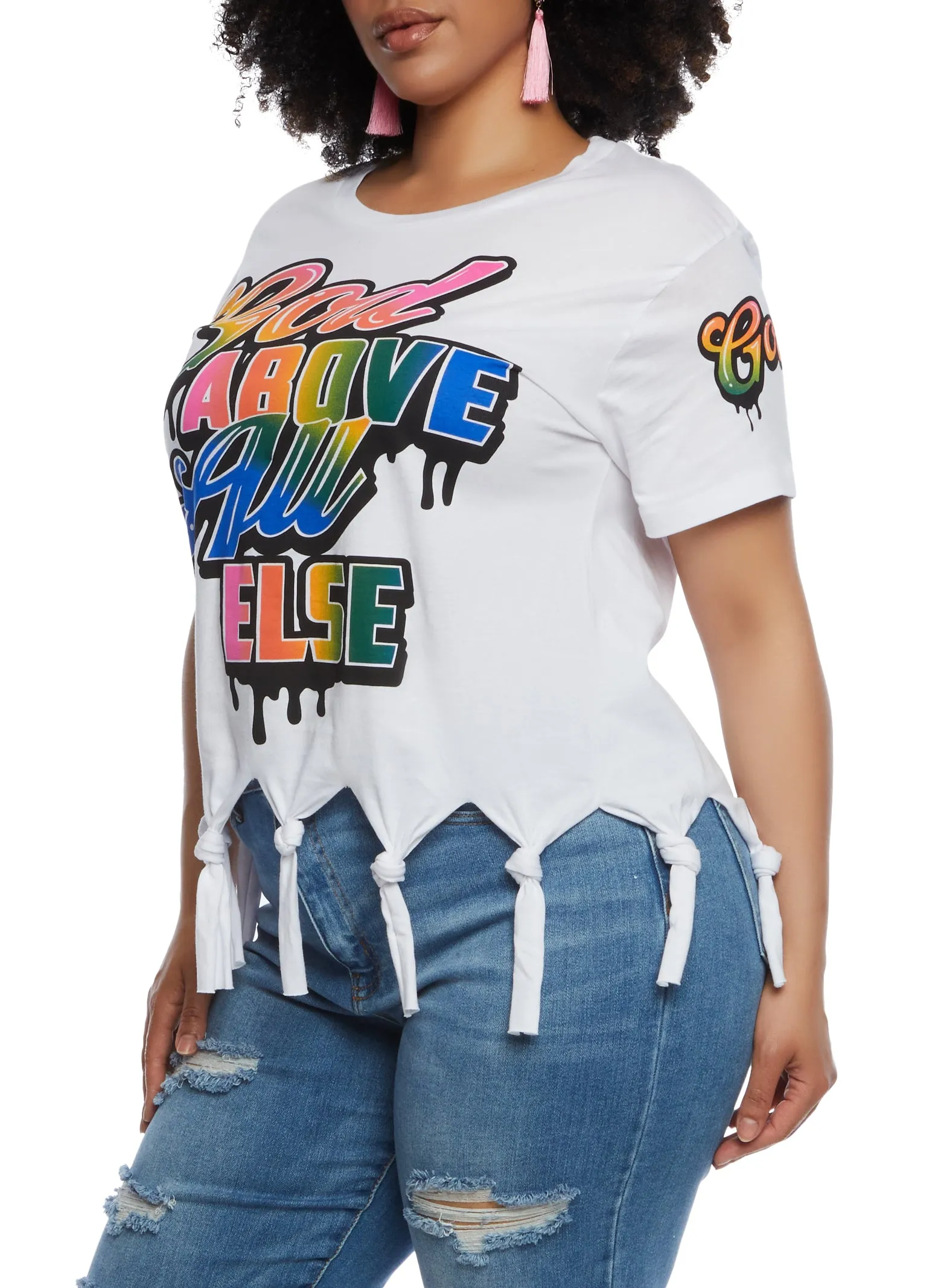 Plus Size God Above All Else Knot Fringe Tee sold by Rainbow product image thumbnail 2