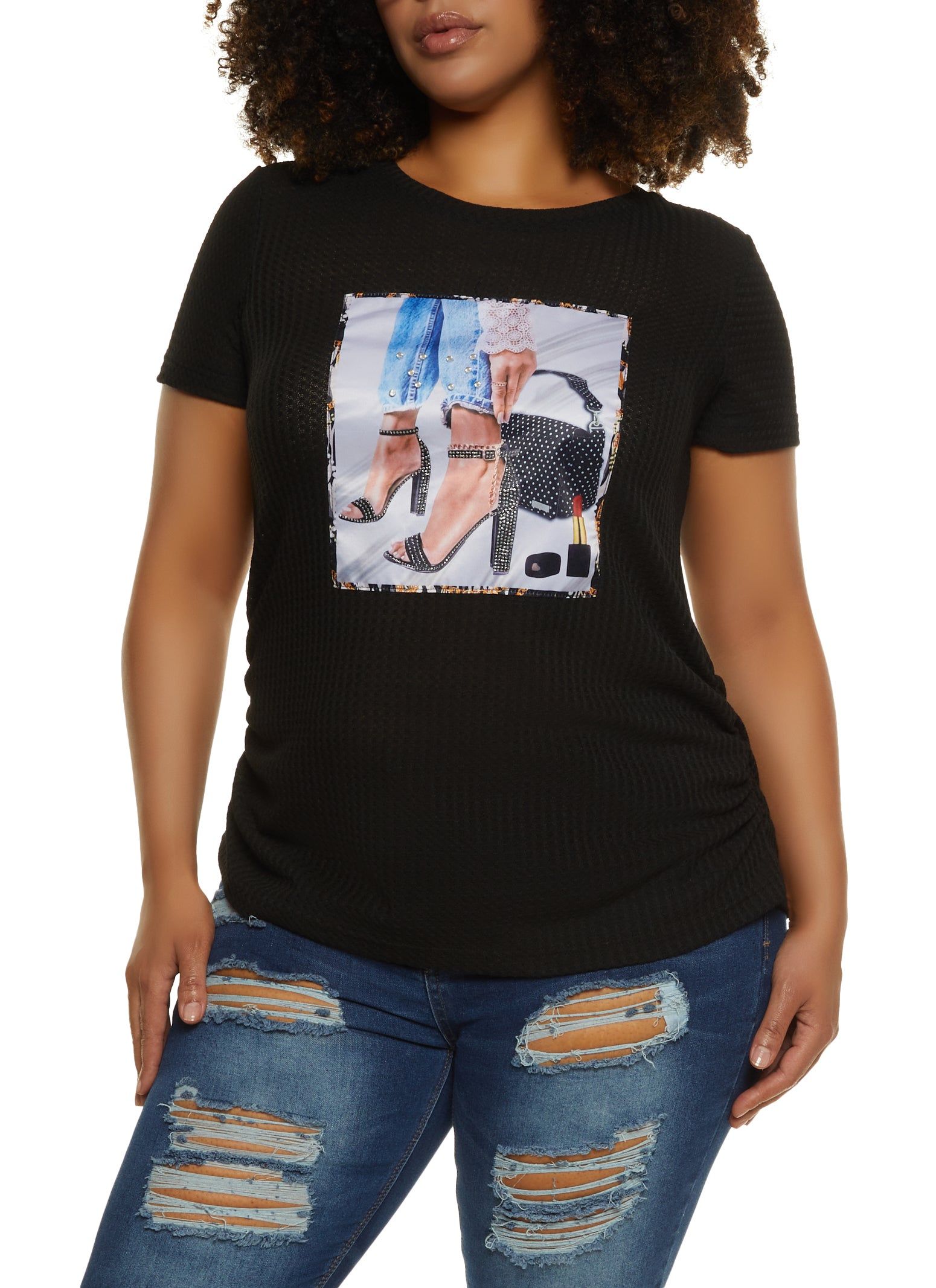 Plus Size Rhinestone Heel Patch Graphic Tee sold by Rainbow