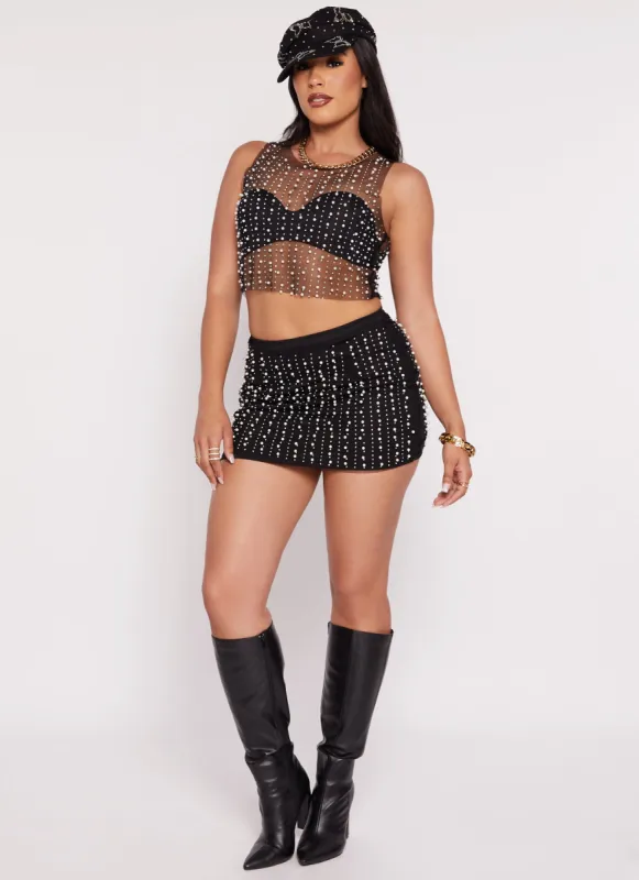 Mesh Faux Pearl Mini Skirt sold by Rainbow