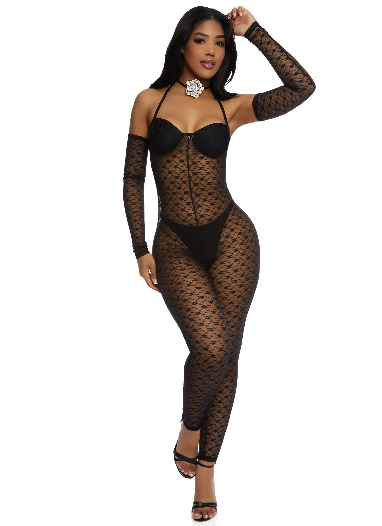 Patterned Lace Halter Jumpsuit sold by Rainbow