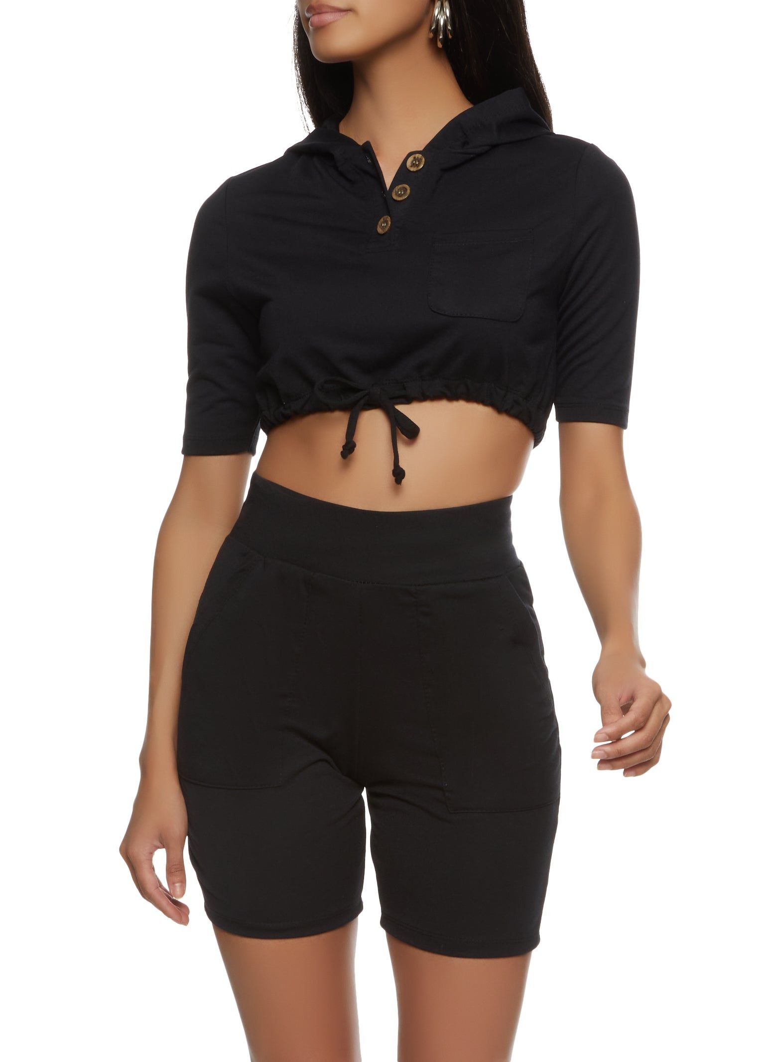 Half Button Cropped Drawstring Hooded Tee sold by Rainbow product image thumbnail 2