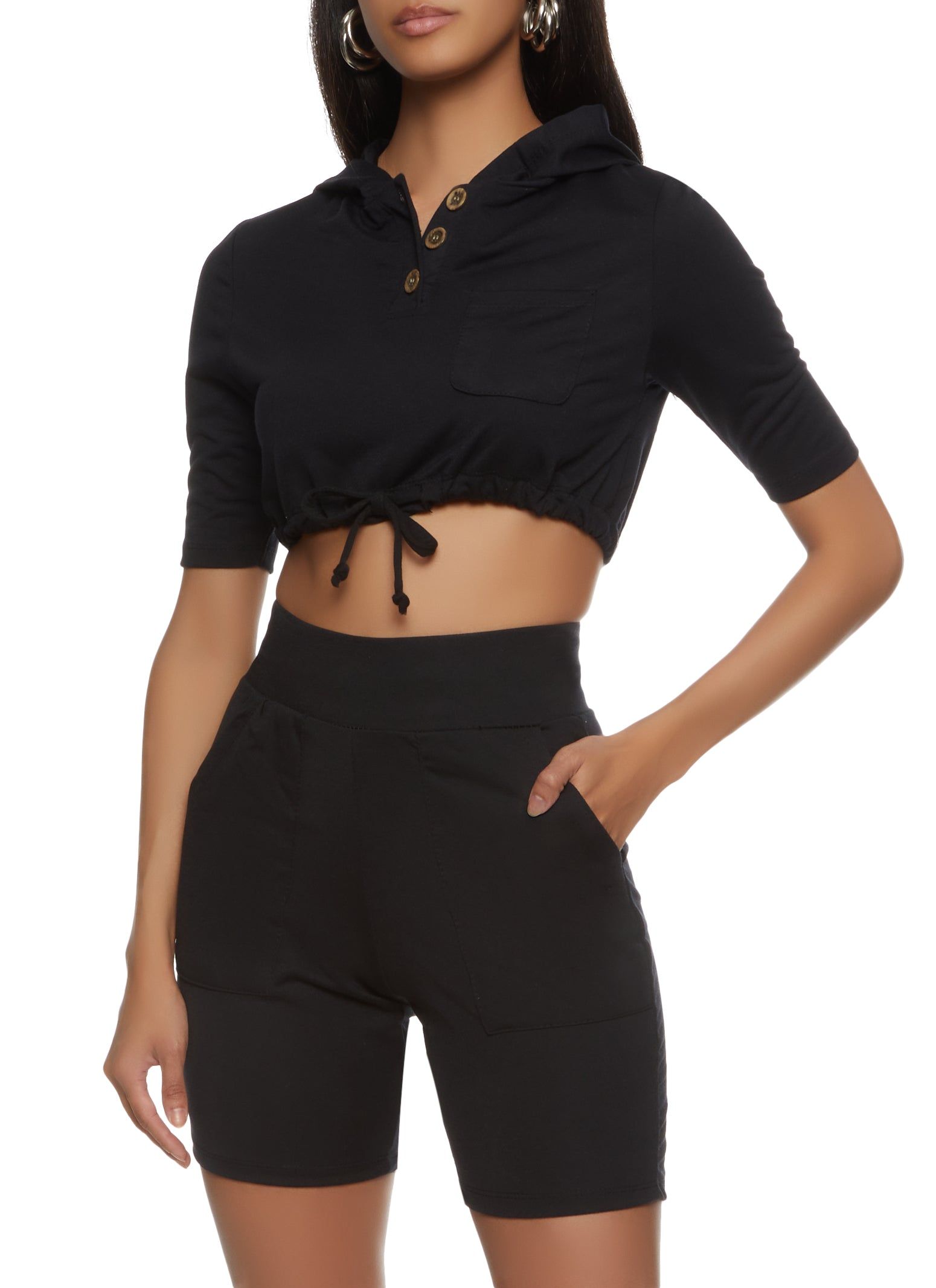 Half Button Cropped Drawstring Hooded Tee sold by Rainbow