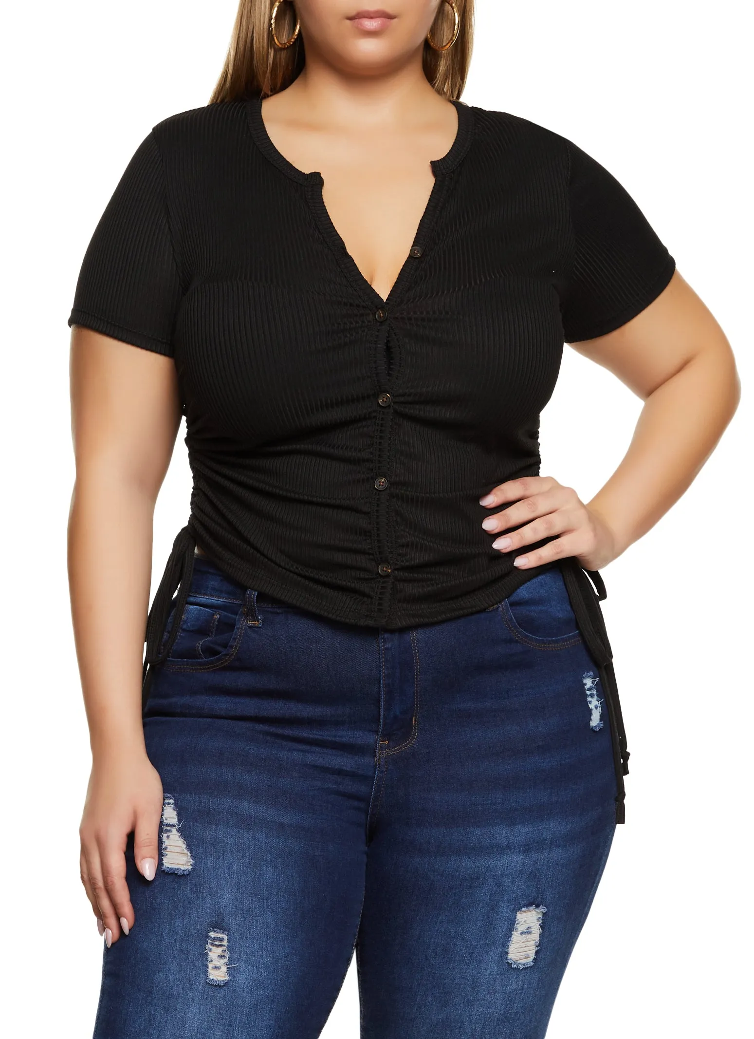 Plus Size Rib Knit Button Front Ruched Tee sold by Rainbow