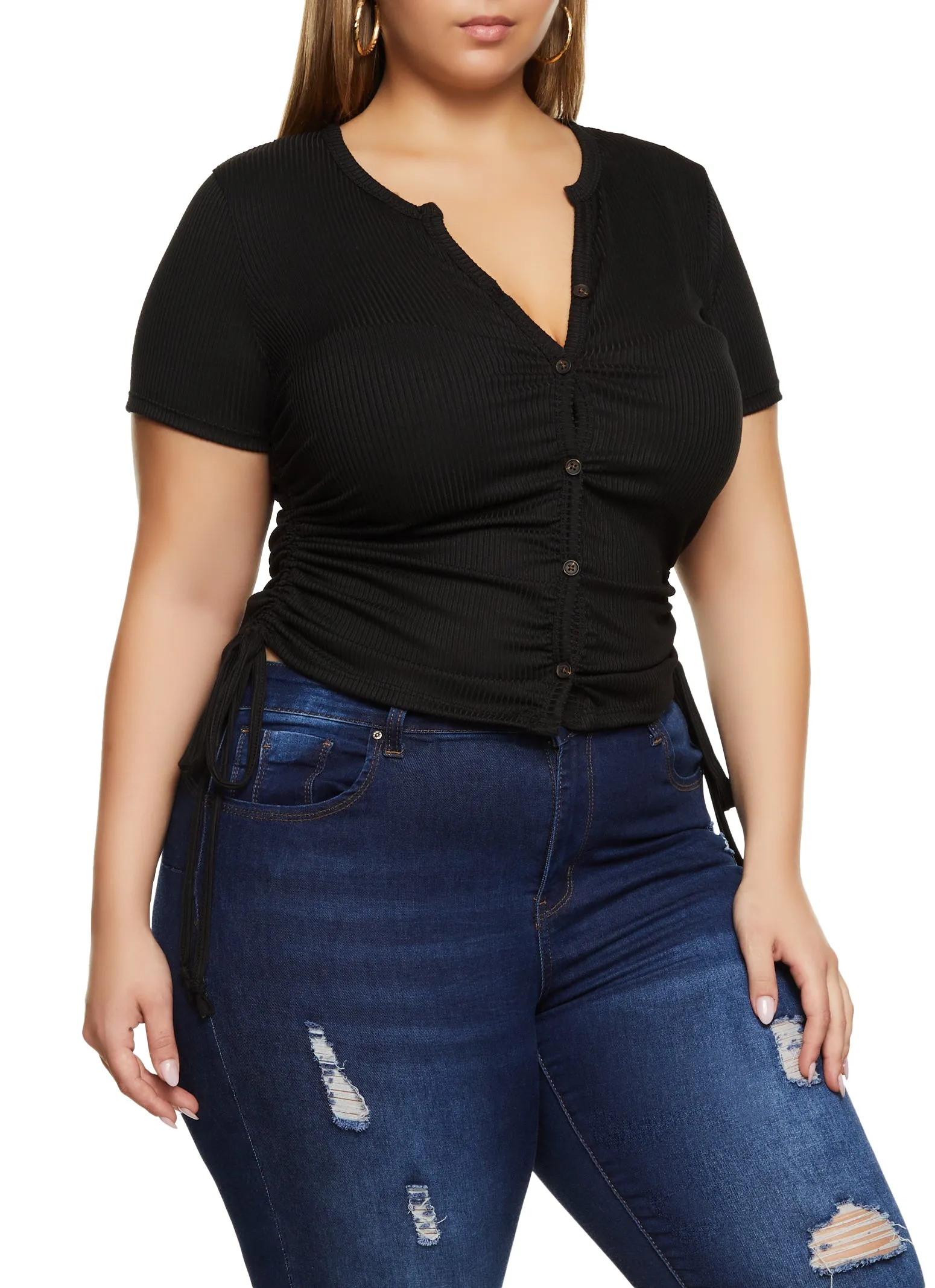 Plus Size Rib Knit Button Front Ruched Tee sold by Rainbow product image thumbnail 2