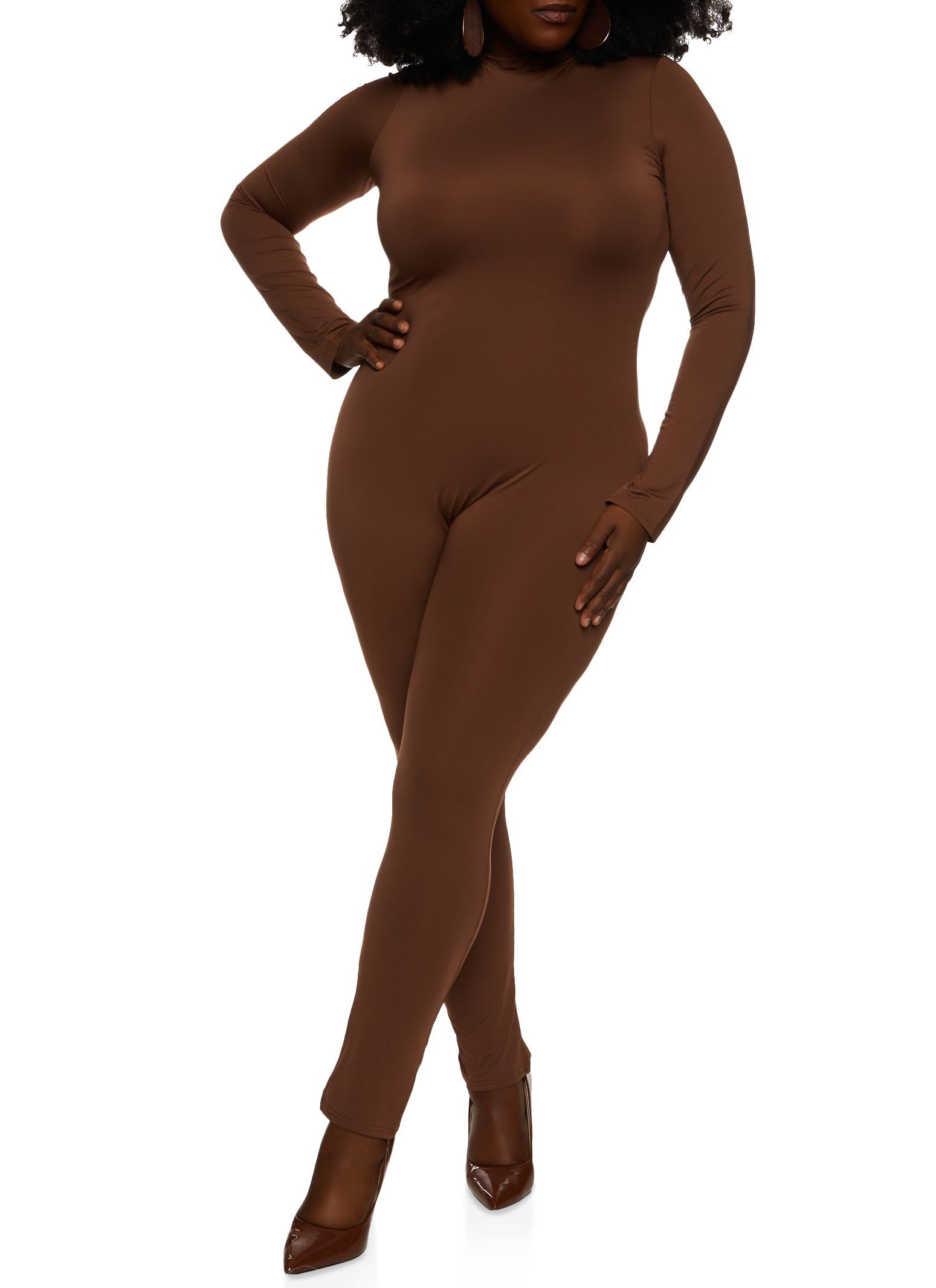 Plus Size Long Sleeve Mock Neck Catsuit sold by Rainbow