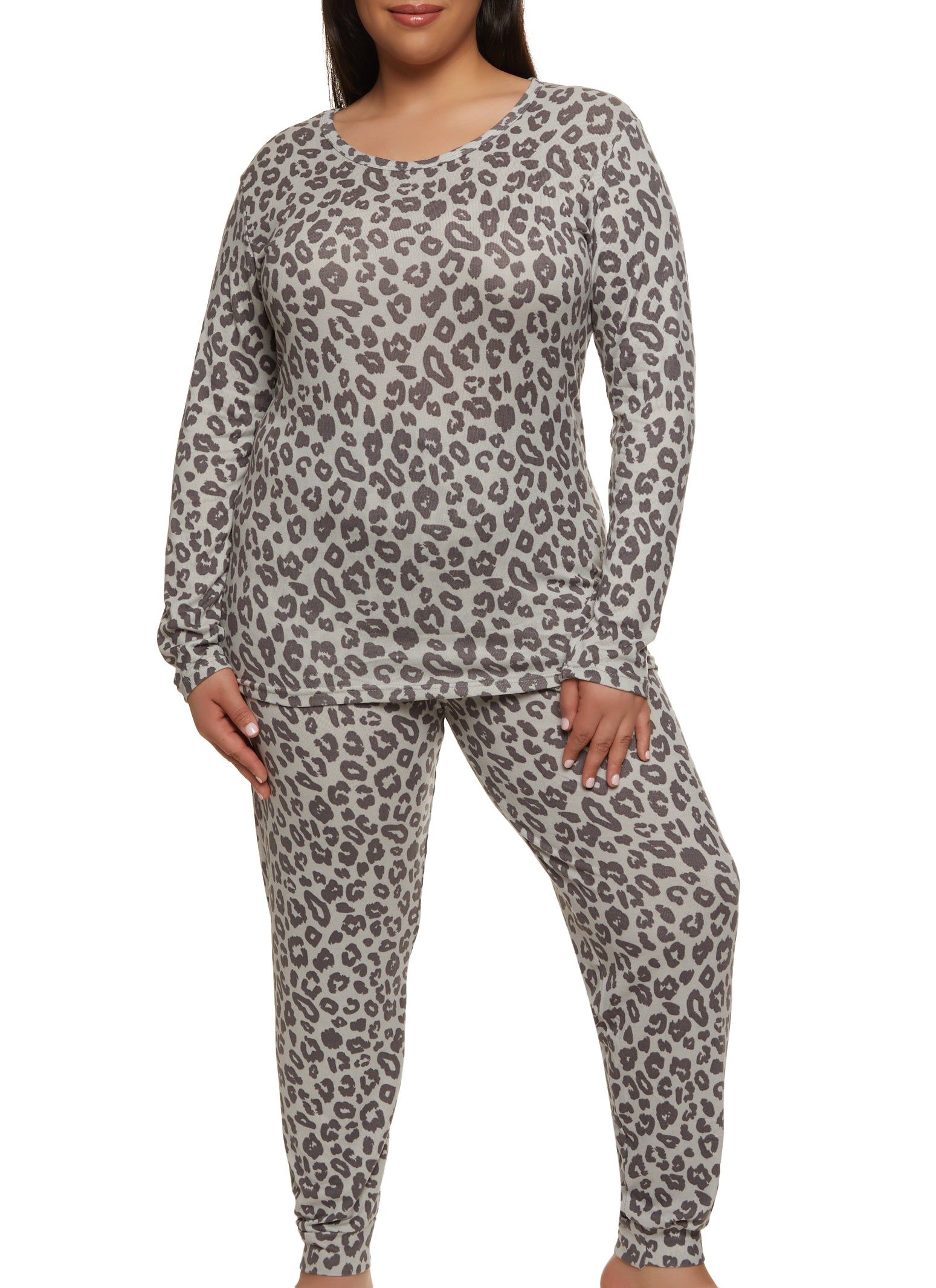 Plus Size Leopard Print Long Sleeve Pajama Top and Pants sold by Rainbow