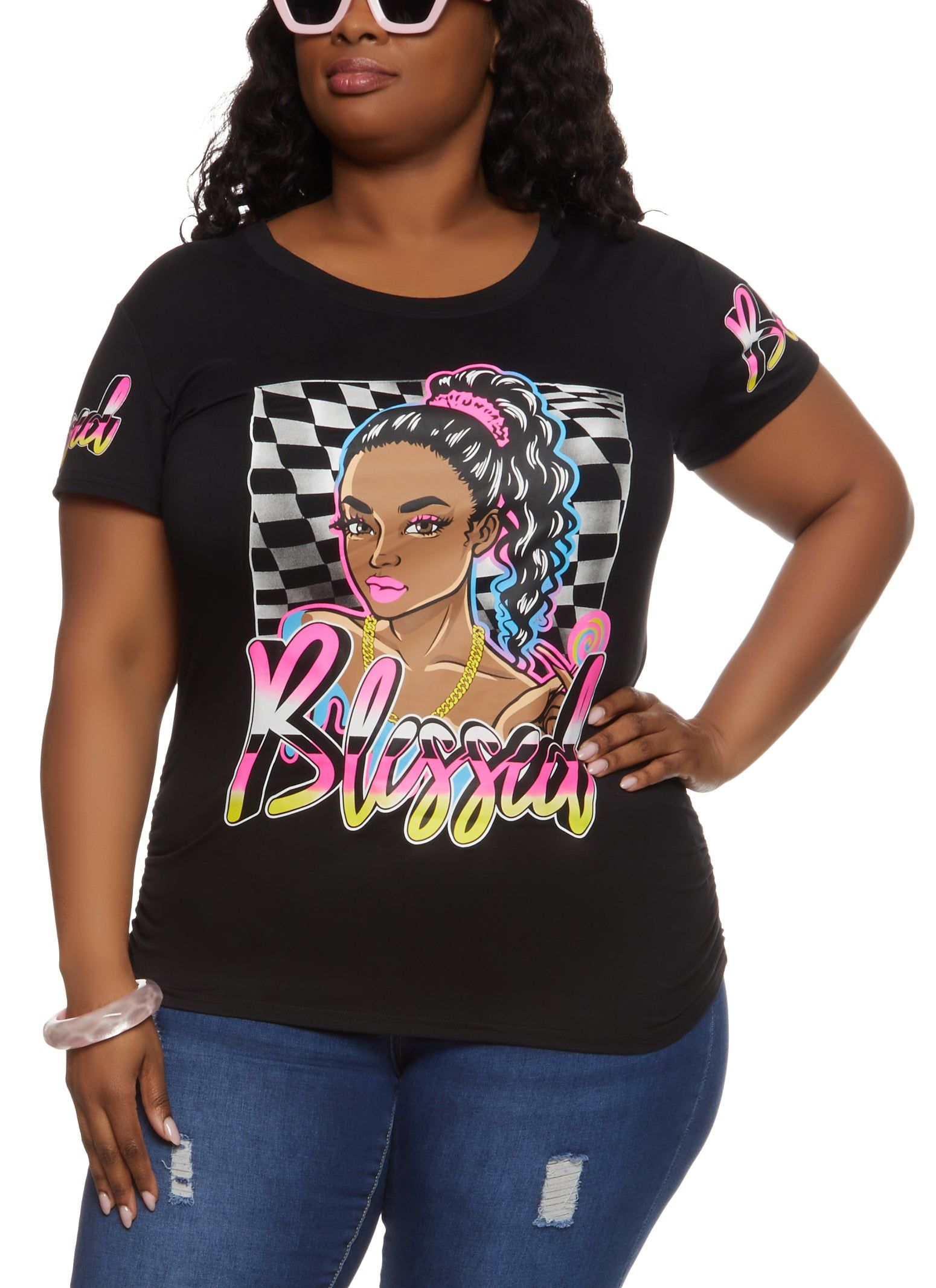Plus Size Blessed Checkered Graphic Tee sold by Rainbow