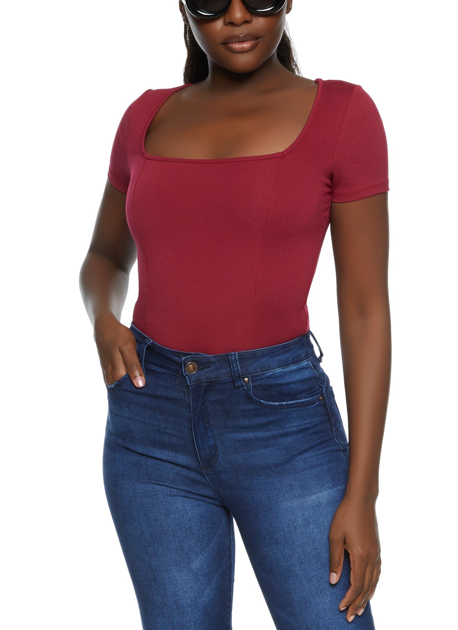 Solid Short Sleeve Square Neck Bodysuit sold by Rainbow product image thumbnail 2