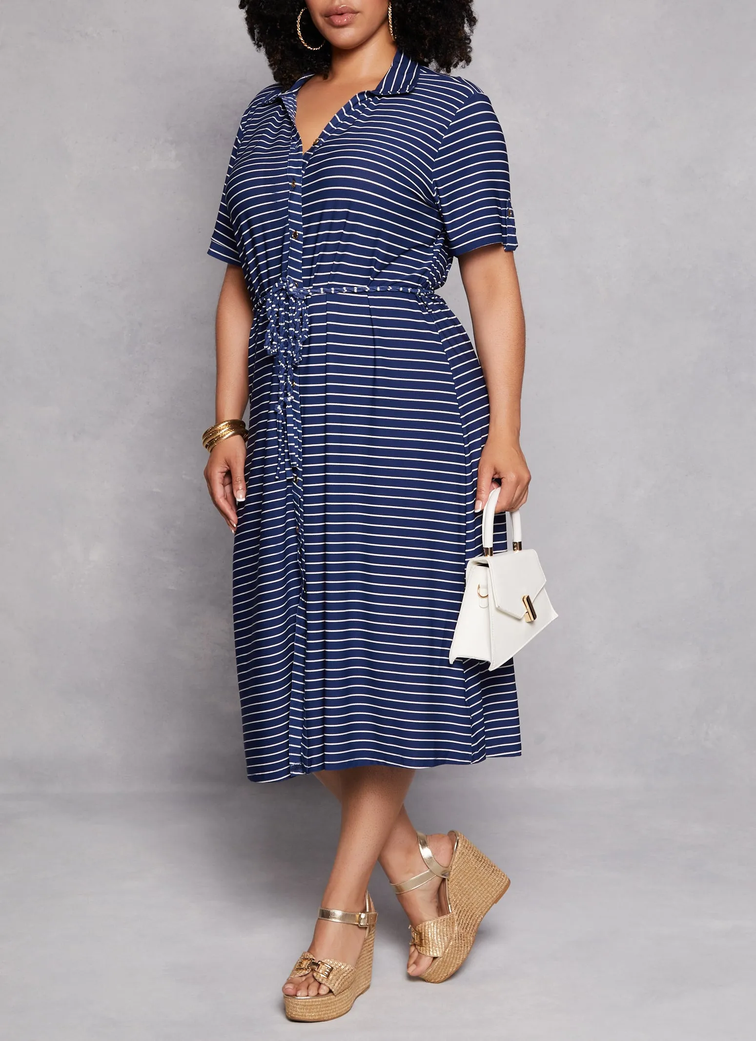 Plus Size Striped Tie Waist Belted Midi Shirt Dress sold by Rainbow product image thumbnail 2