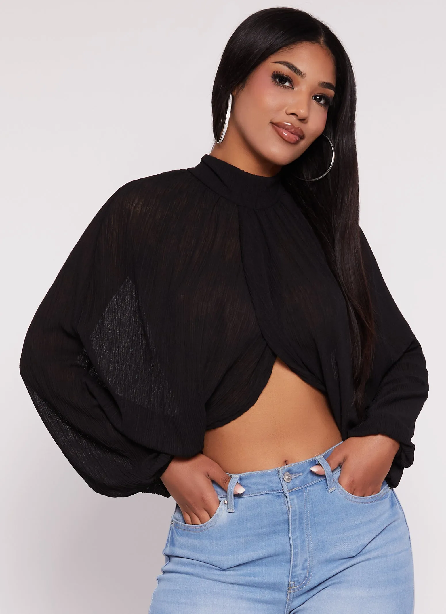 Mock Neck Tulip Hem Blouse sold by Rainbow