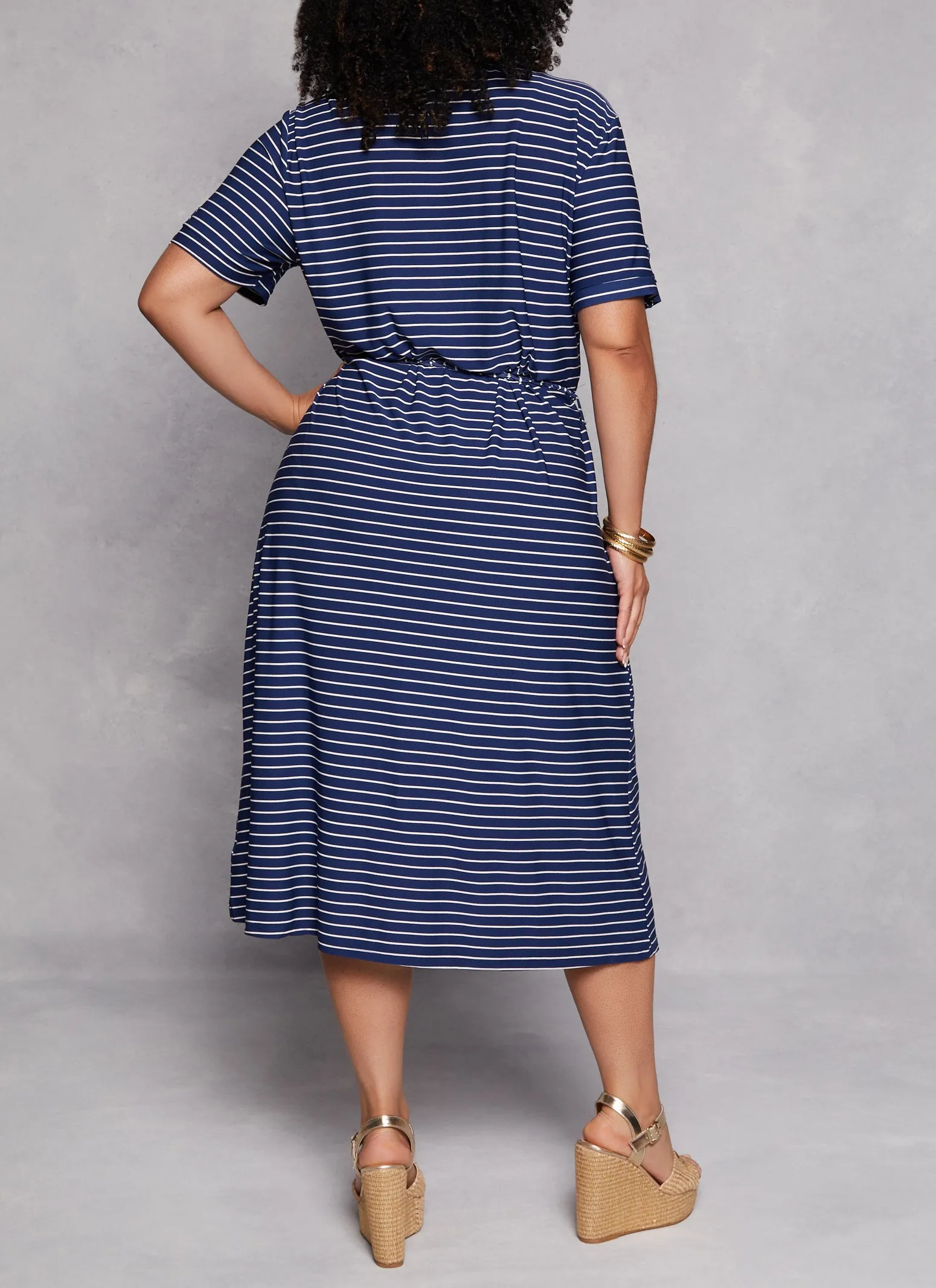 Plus Size Striped Tie Waist Belted Midi Shirt Dress sold by Rainbow product image thumbnail 3